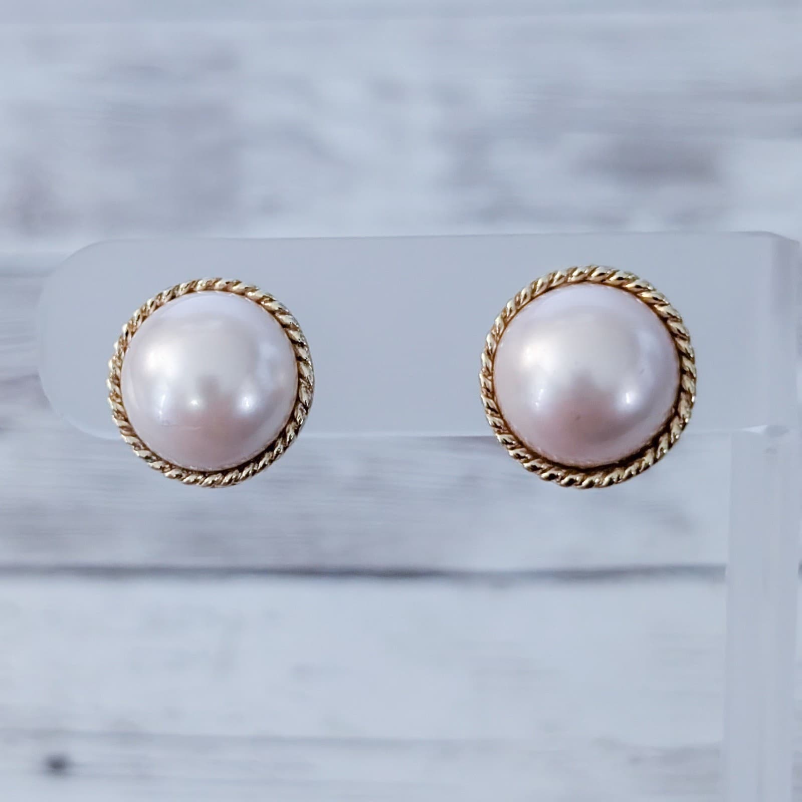 Vintage Clip On Earrings Pearlescent with Gold Tone Halo 5/8"