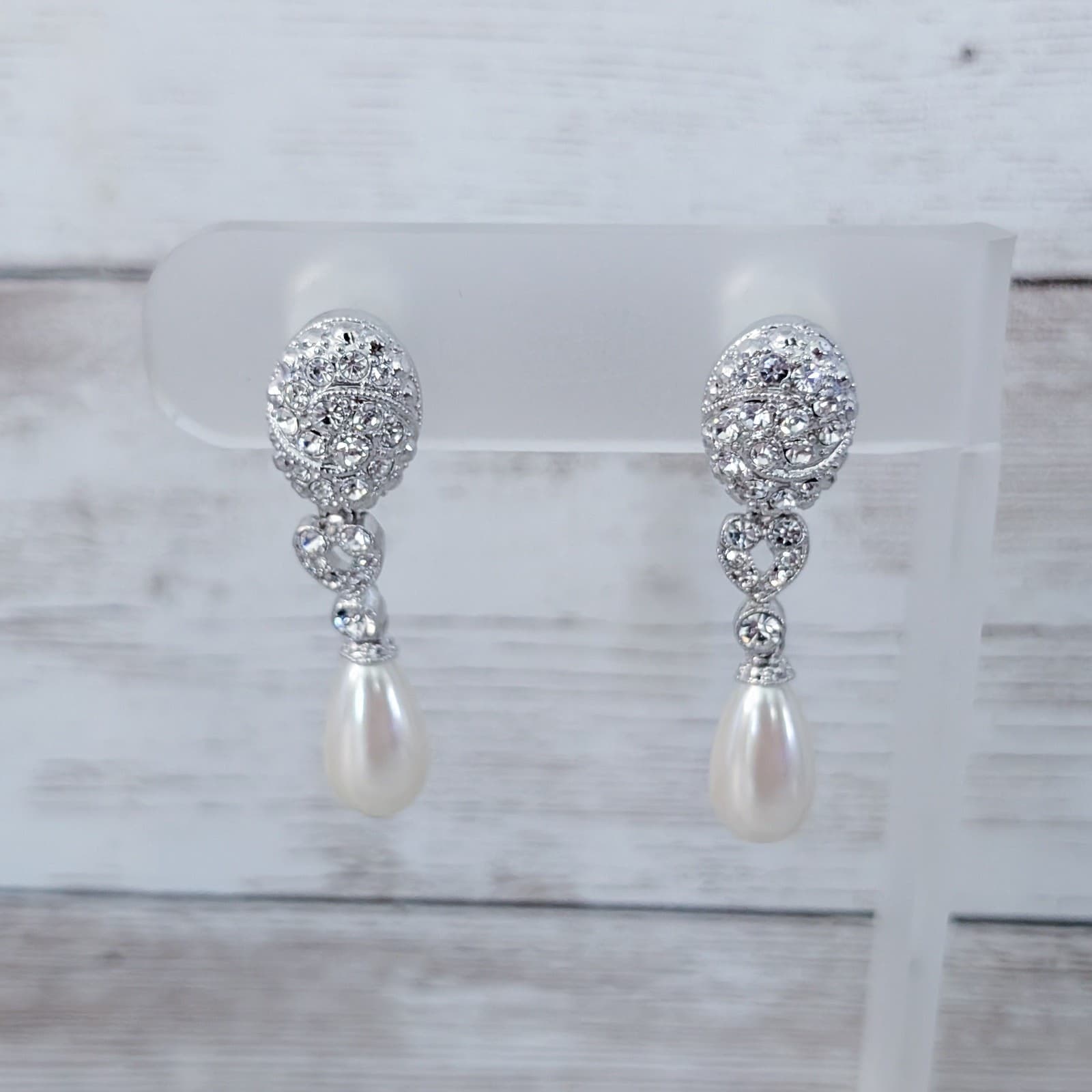 Vintage Clip On Earrings Silver Tone, Clear Gem, Faux Pearl Statement