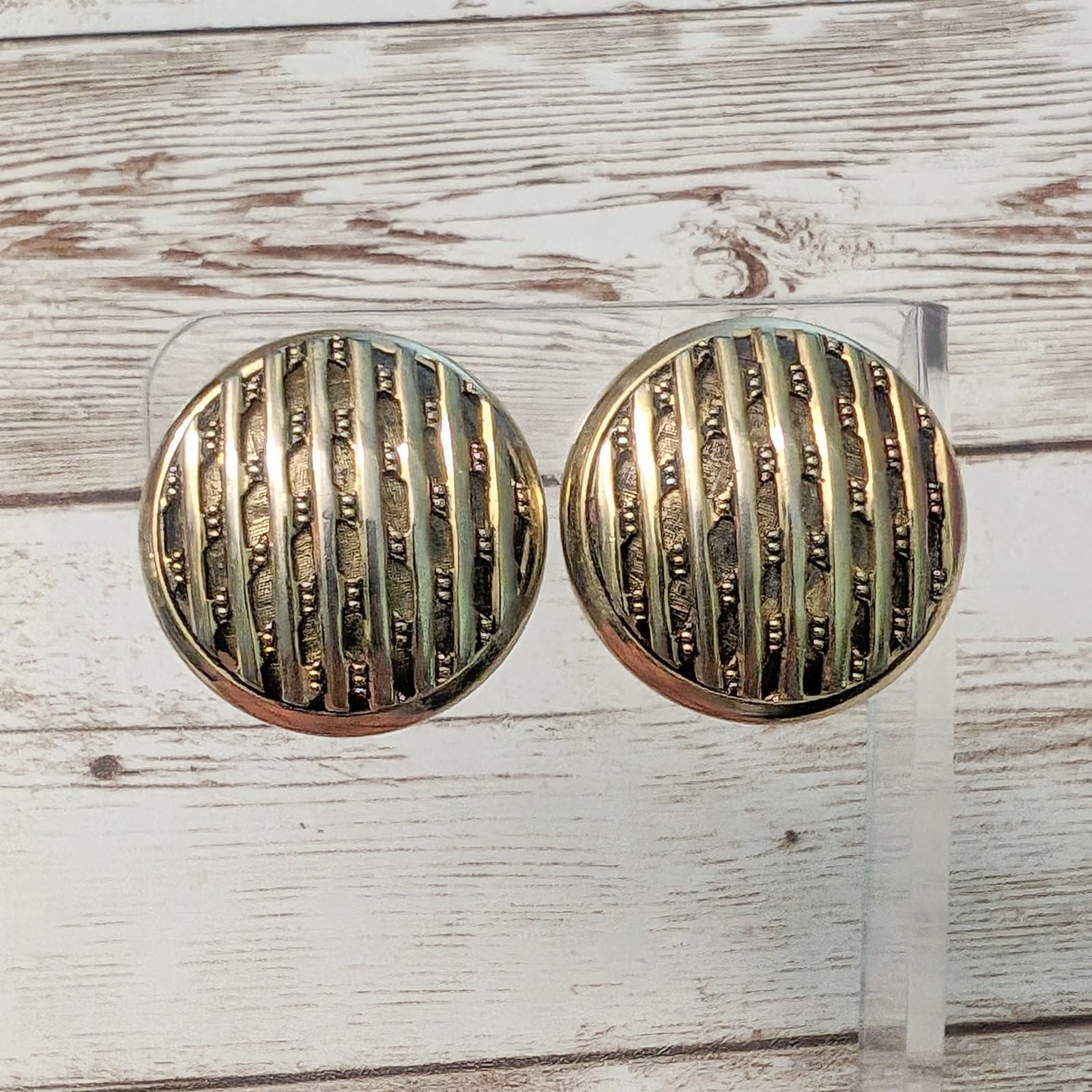 Vintage Clip On Earrings Chunky Large Gold Tone Fancy Statement Circle 1 & 1/8"