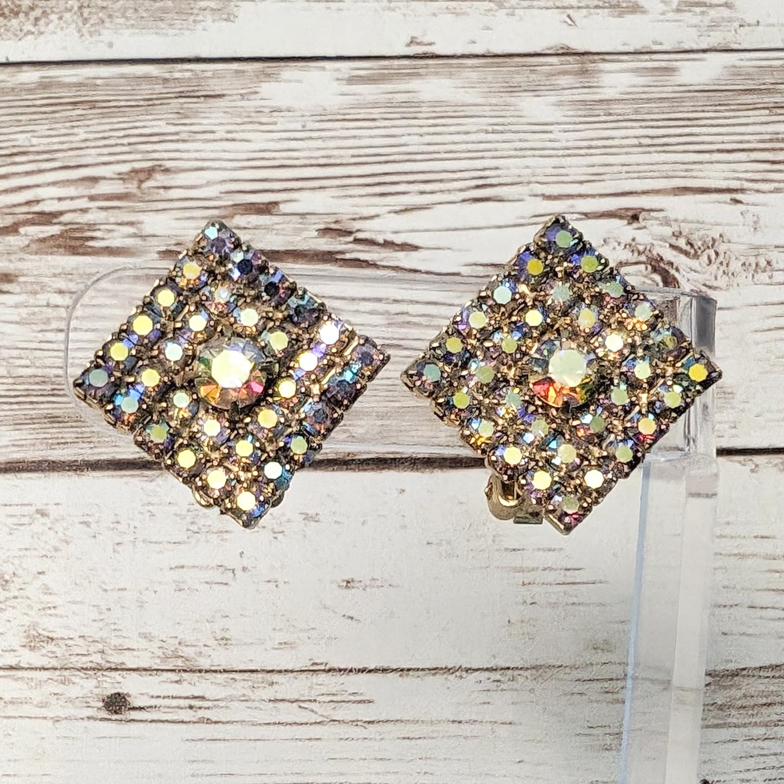 Vintage Clip On Earrings - Large Diamond Shape Iridescent