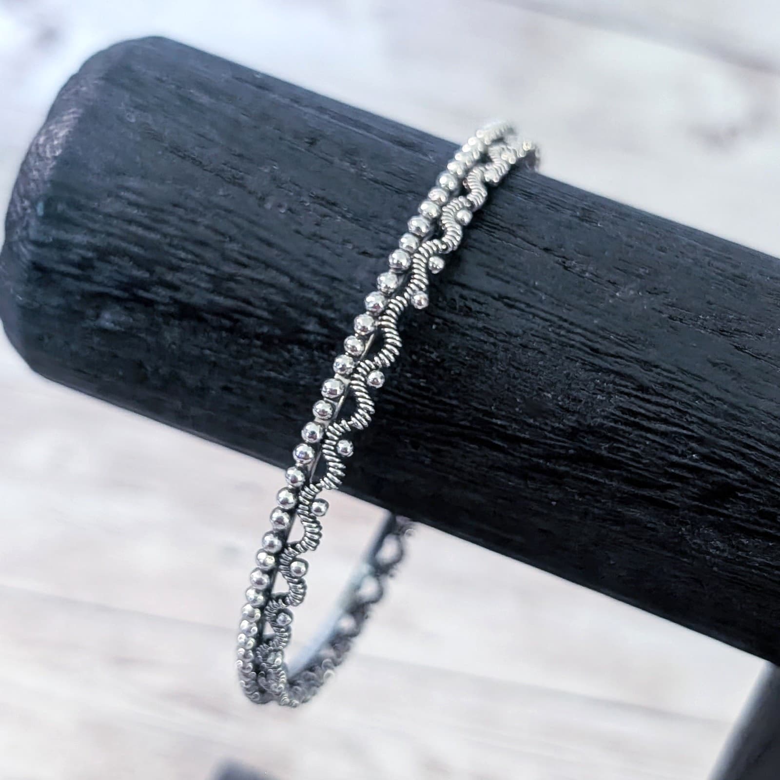 Vintage Bracelet Silver Tone Ornate Dual Row 7.75"