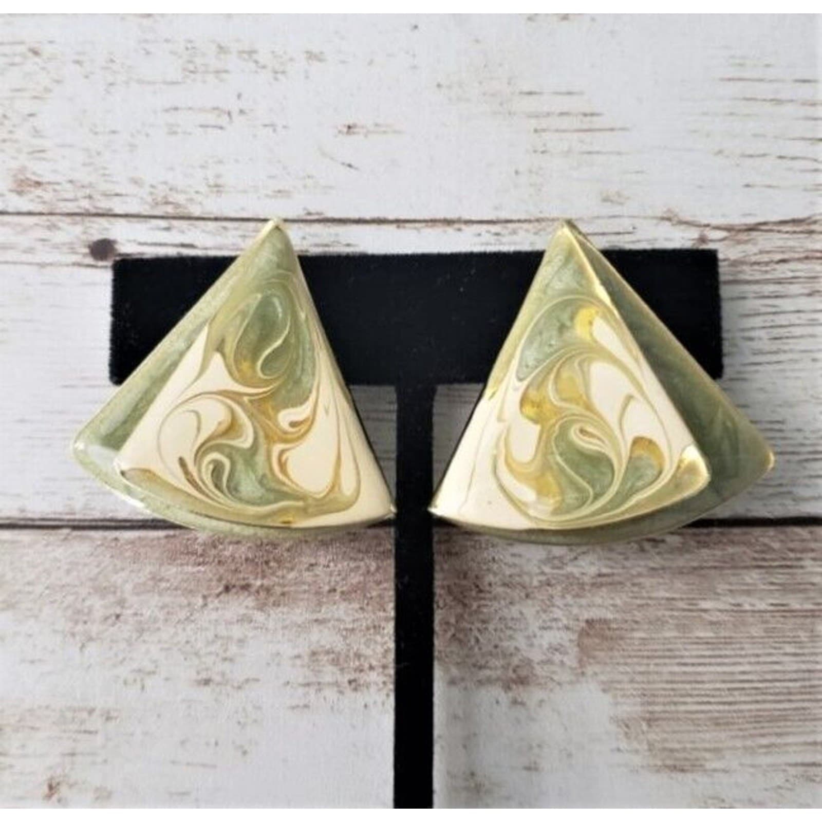 Vintage Clip On Earrings Green, Gold Tone, Cream Triangle Shape Large Statement