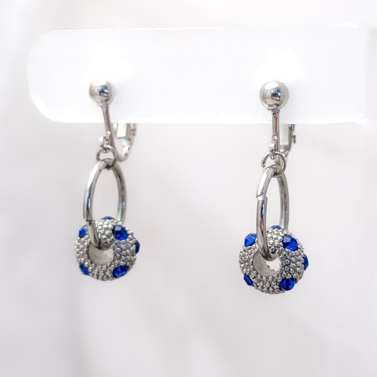 Vintage Clip On Earrings Silver Tone Hoop with Blue and Silver Tone Charm Bead