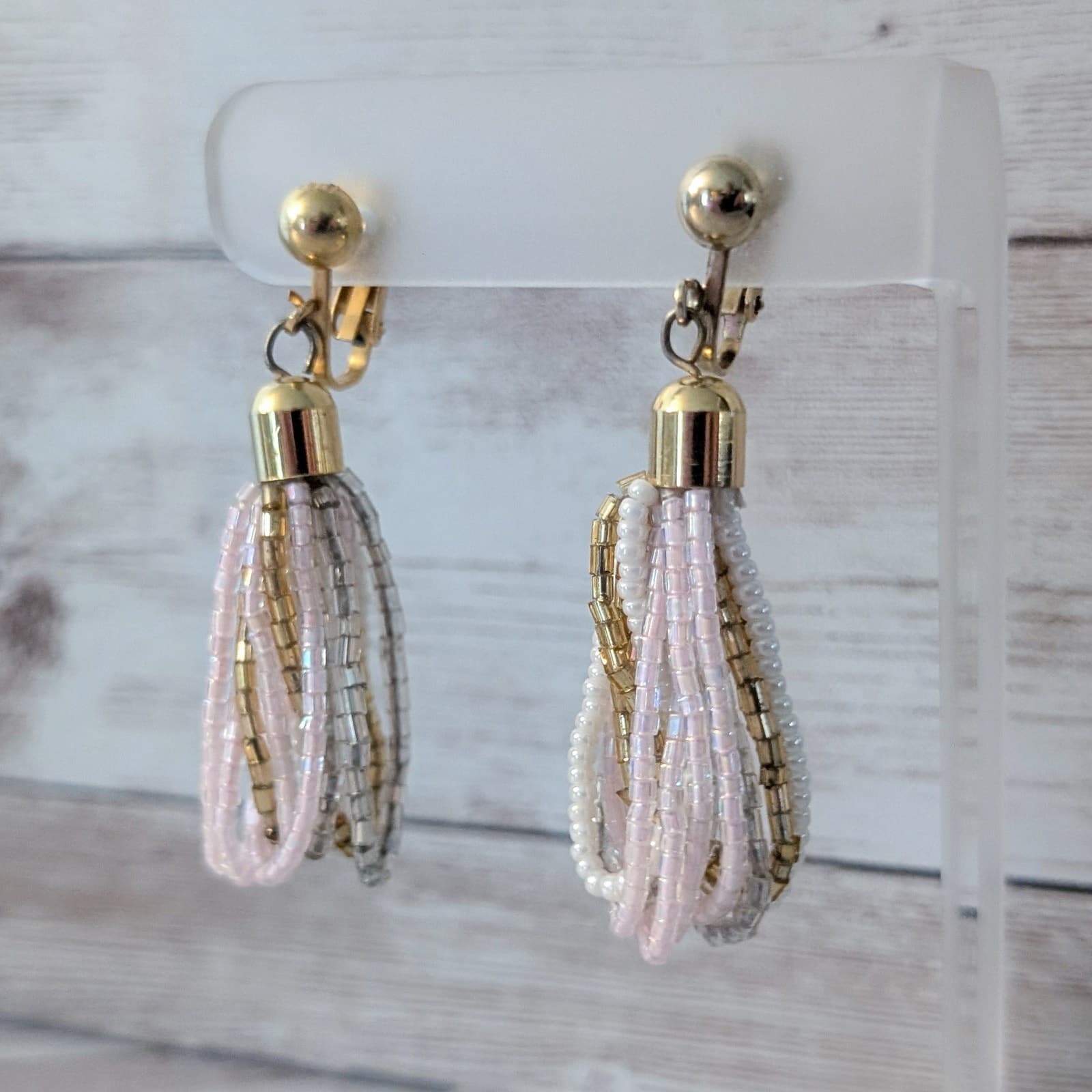Vintage Clip On Earrings Stunning Pink, White, Gold Tone Statement Dangle