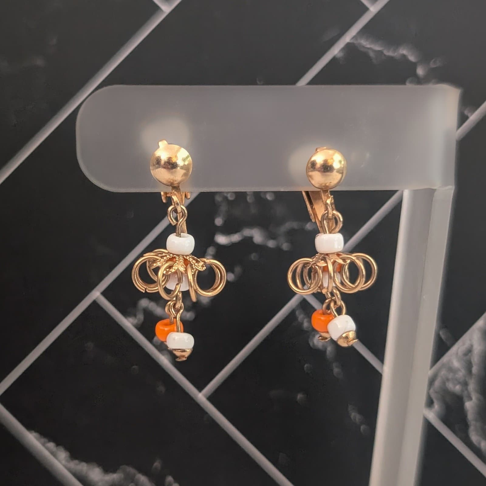 Vintage Clip On Earrings 1 & 1/8" Dainty & Light - Orange and White Dangle
