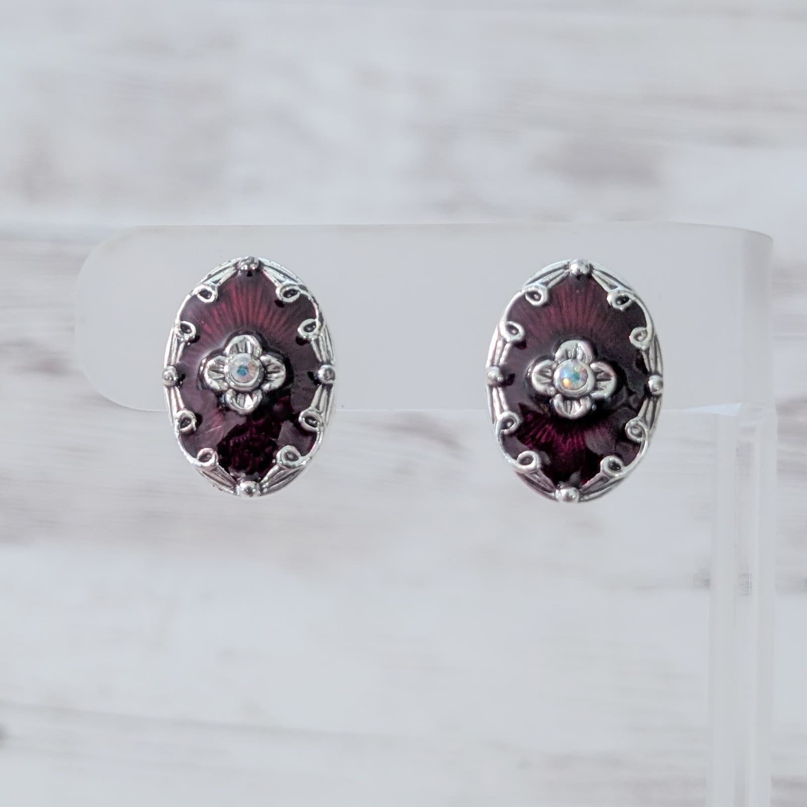 Vintage Napier Clip On Earrings Dark Red & Silver Tone Regal Elegant Statement