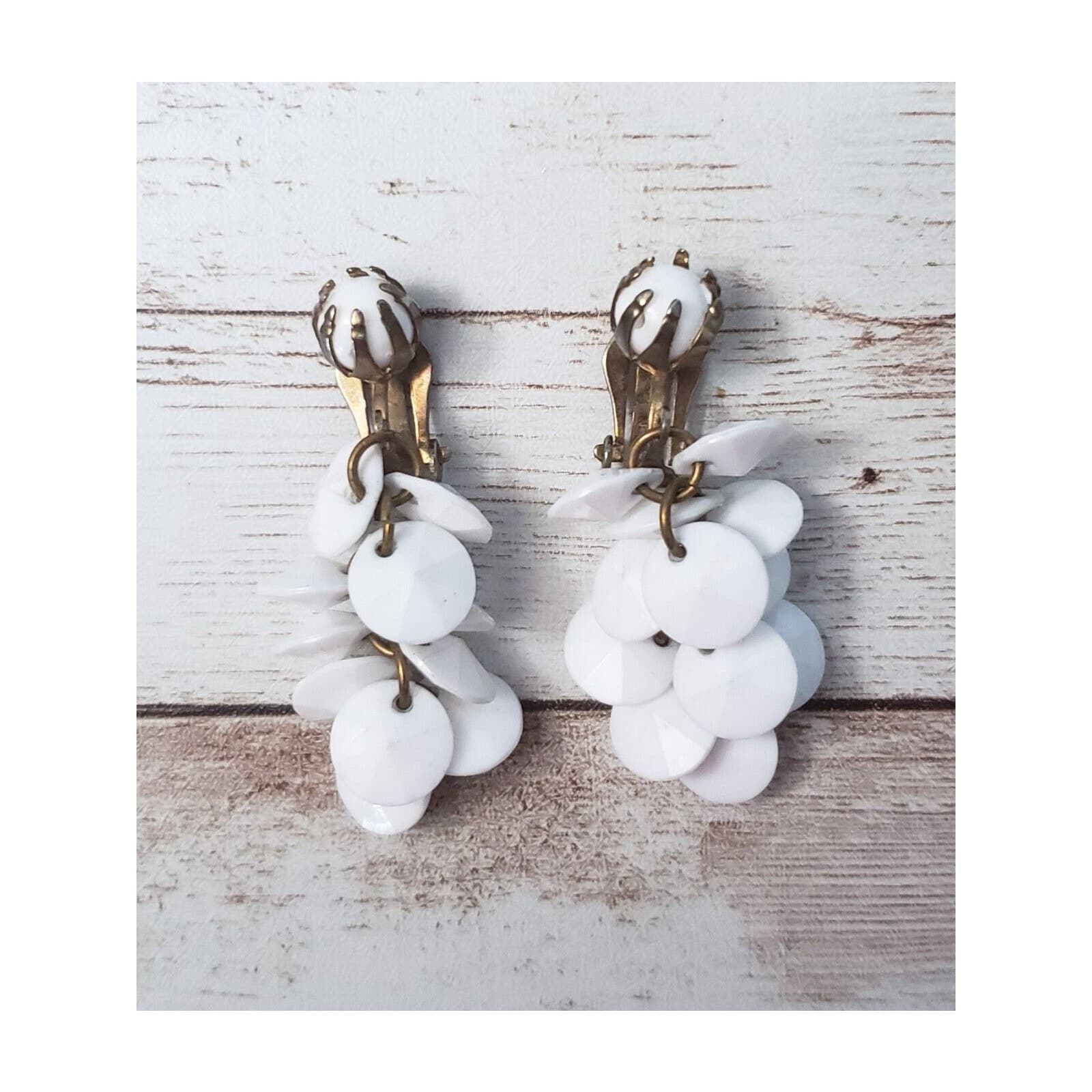 Vintage Clip On Earrings White Dangle - 1 & 5/8" Long