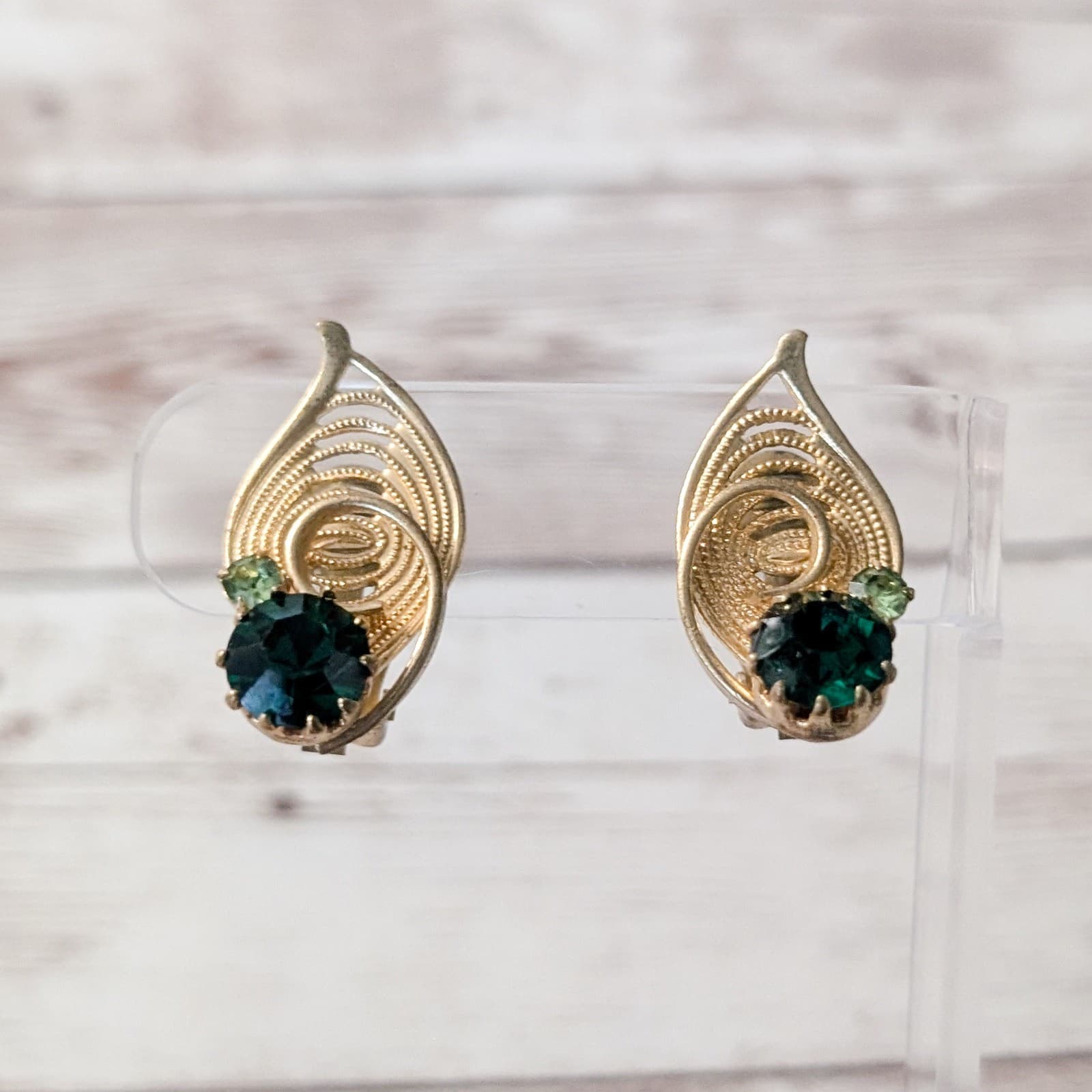 Vintage Clip On Earrings Statement Gold Tone Leaf with Green Gems