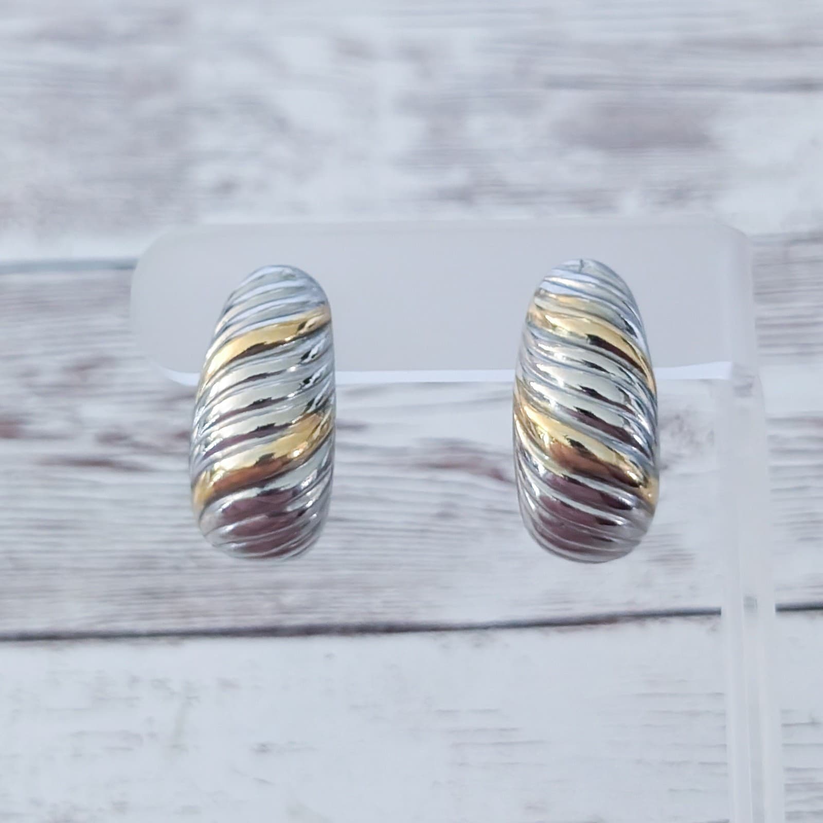 Vintage Clip On Earrings Chunky Statement Silver Tone with Gold Tone Large