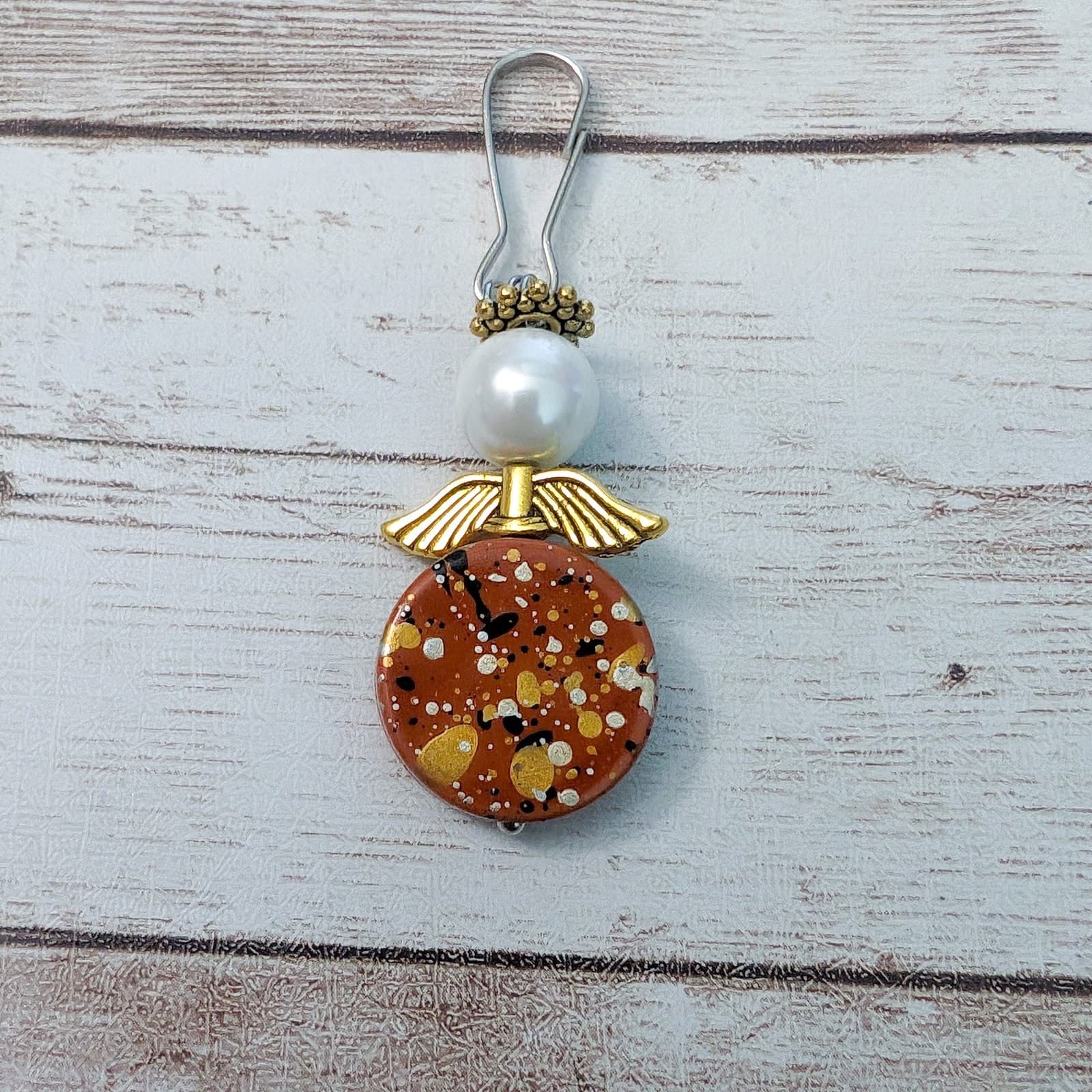 Clip On Charm - Orange with Faux Pearl and Gold Tone Flecks