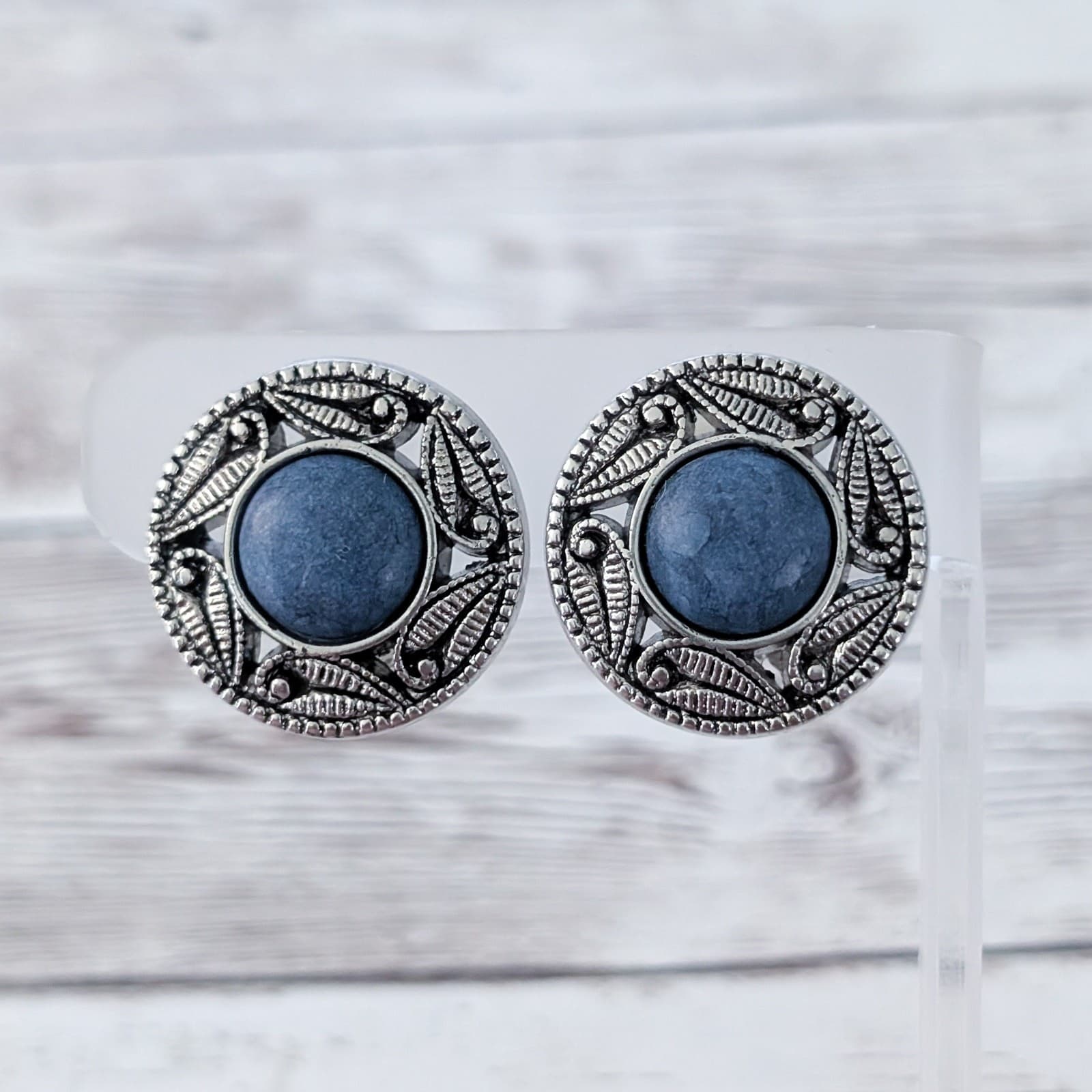 Vintage Clip On Earrings Blue with Silver Tone Leaf Design Halo Statement
