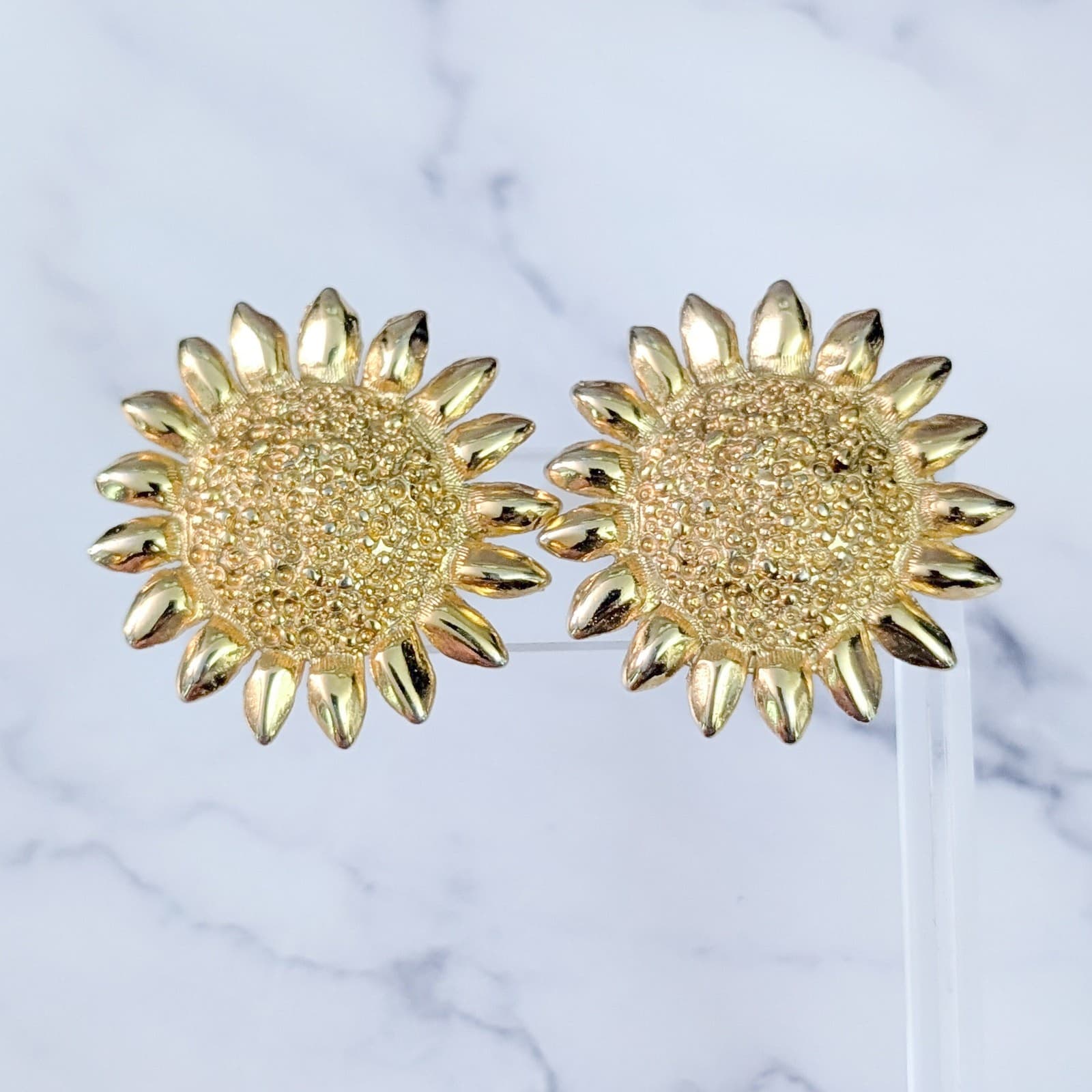Vintage Stud Earrings Large Sunflower Like Gold Tone 1 & 3/8" Statement