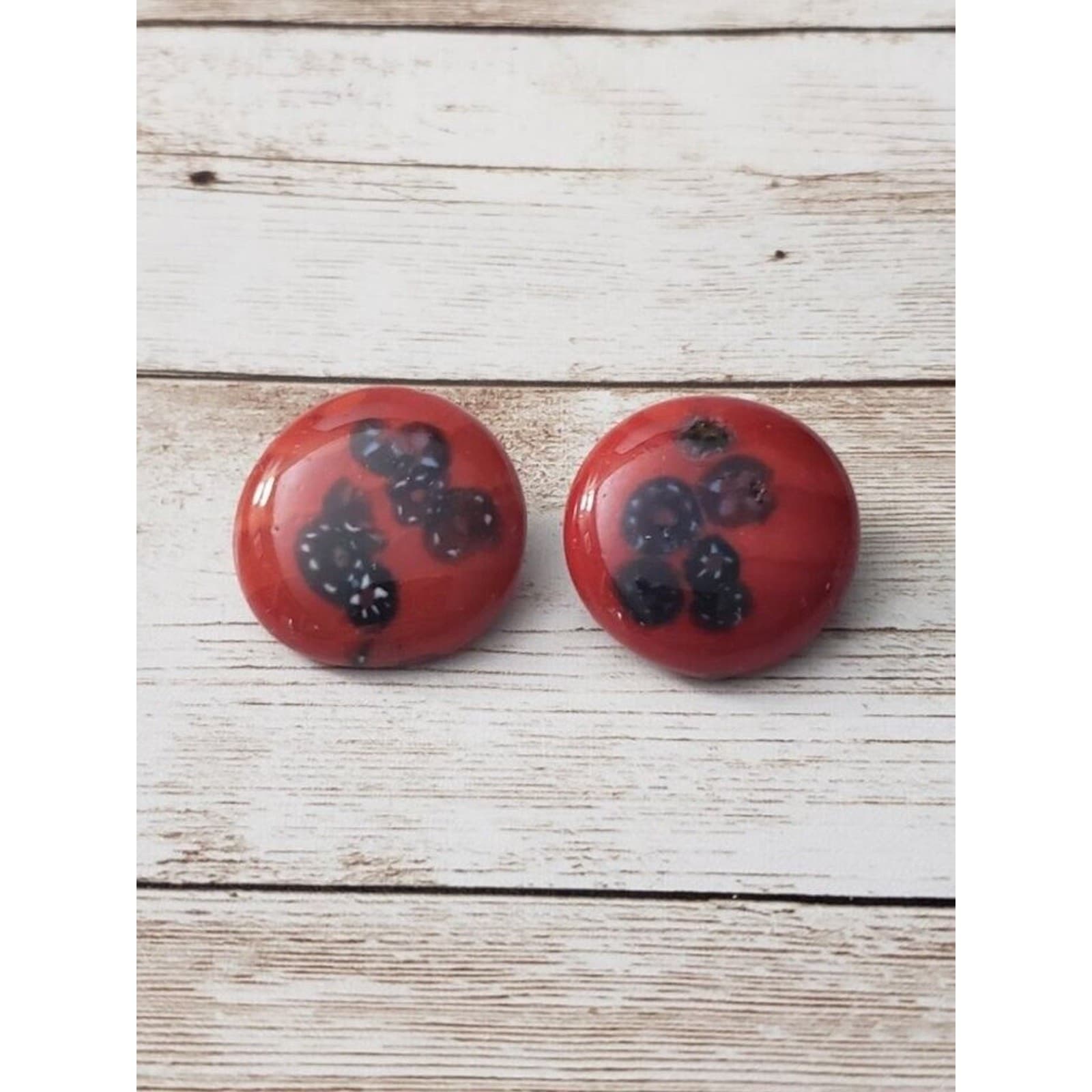 Vintage Clip On Earrings - Unusual Design Red Circular 1 & 1/8"