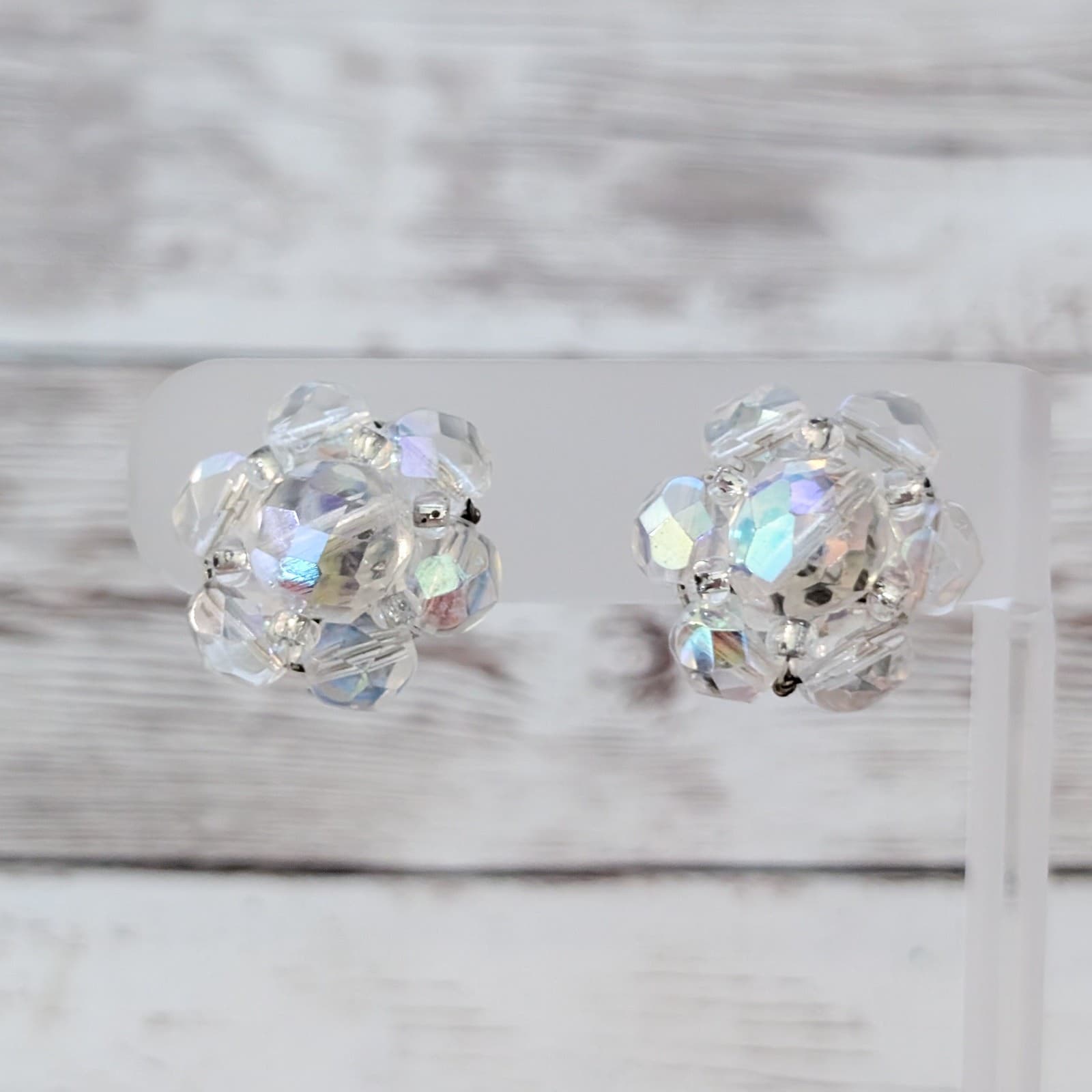 Vintage Clip On Earrings 0.75" iridescent Cluster