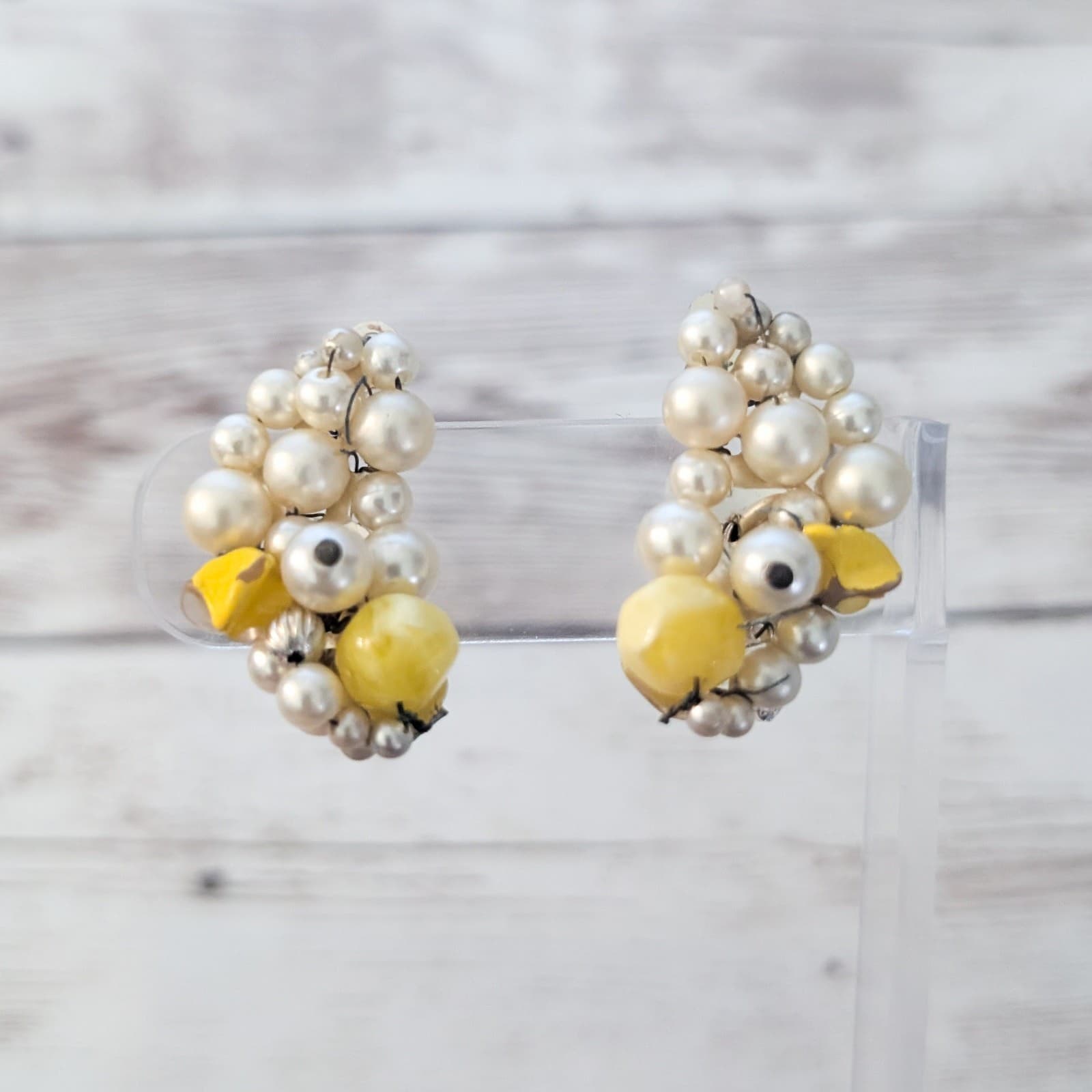 Vintage Clip On Earrings Faux Pearl & Yellow