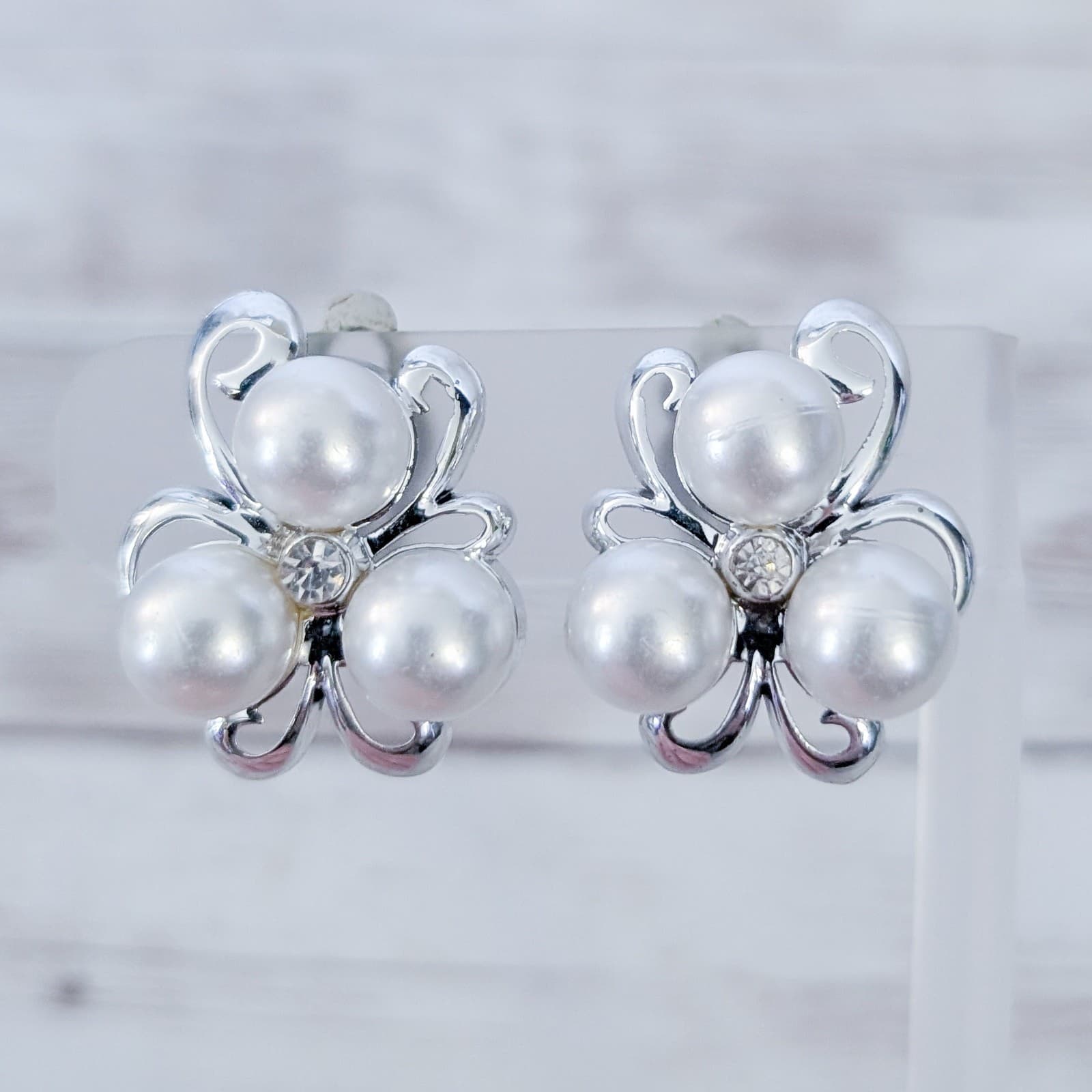 Vintage Clip On Earrings Faux Pearl, Silver Tone, Clear Gem Large