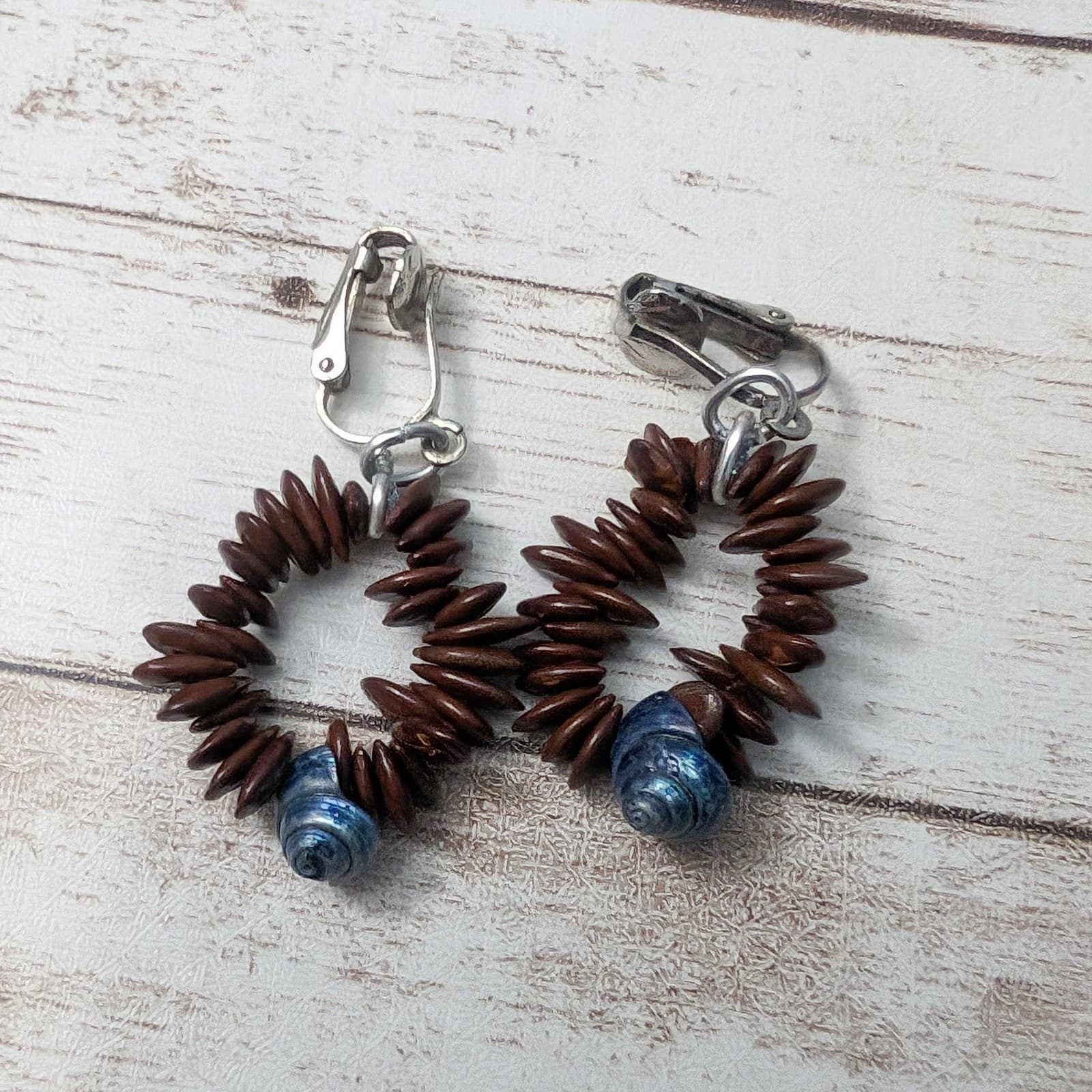 Vintage Clip On Earrings Brown Dangle with Blue Shell