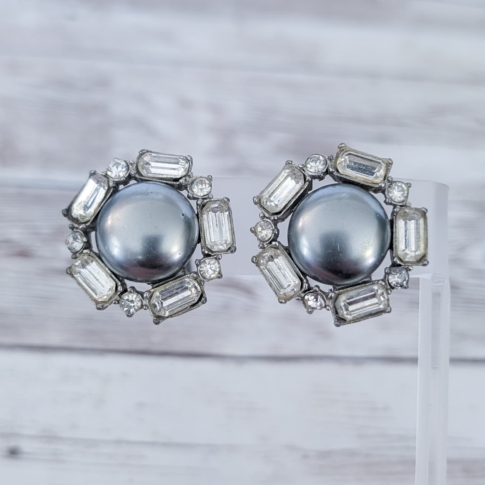 Vintage Clip On Earrings Large Metallic with Clear Gems