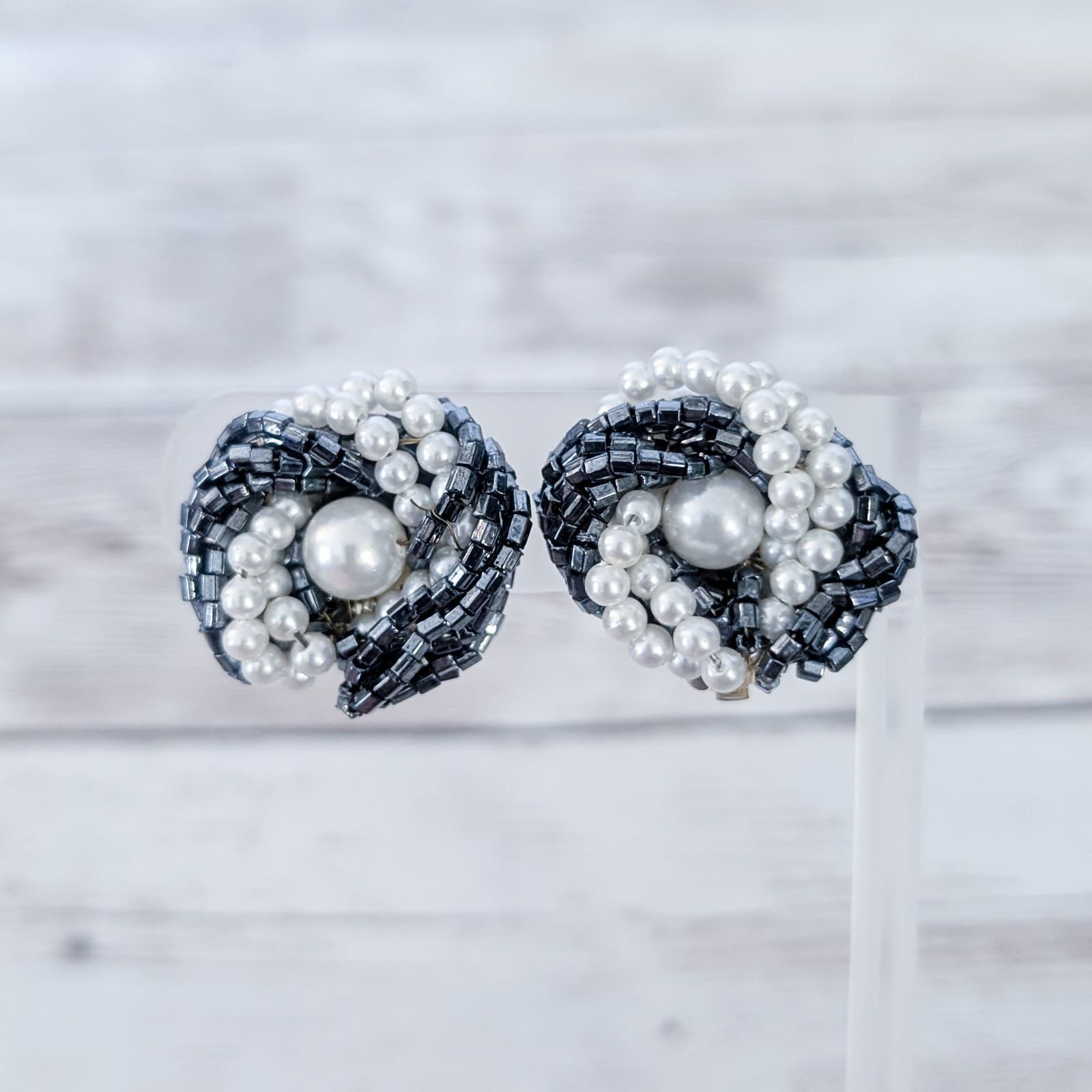 Vintage Clip On Earrings Metallic & Faux Pearl Wrap - One Not A Perfect Circle