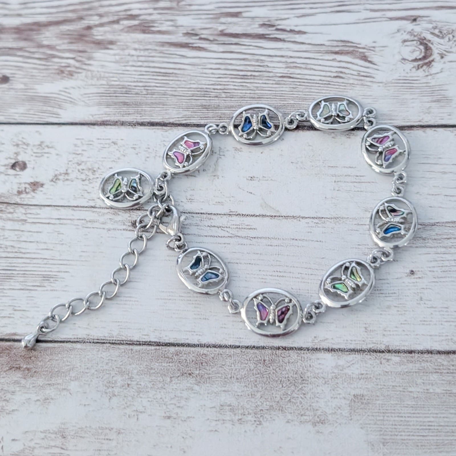 Silver Tone & Multi Colored Butterflies Bracelet