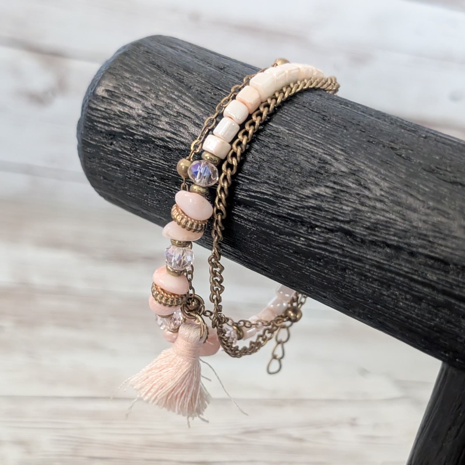 Light Pink and Bronze Tone Bracelet with Tassel Dangle