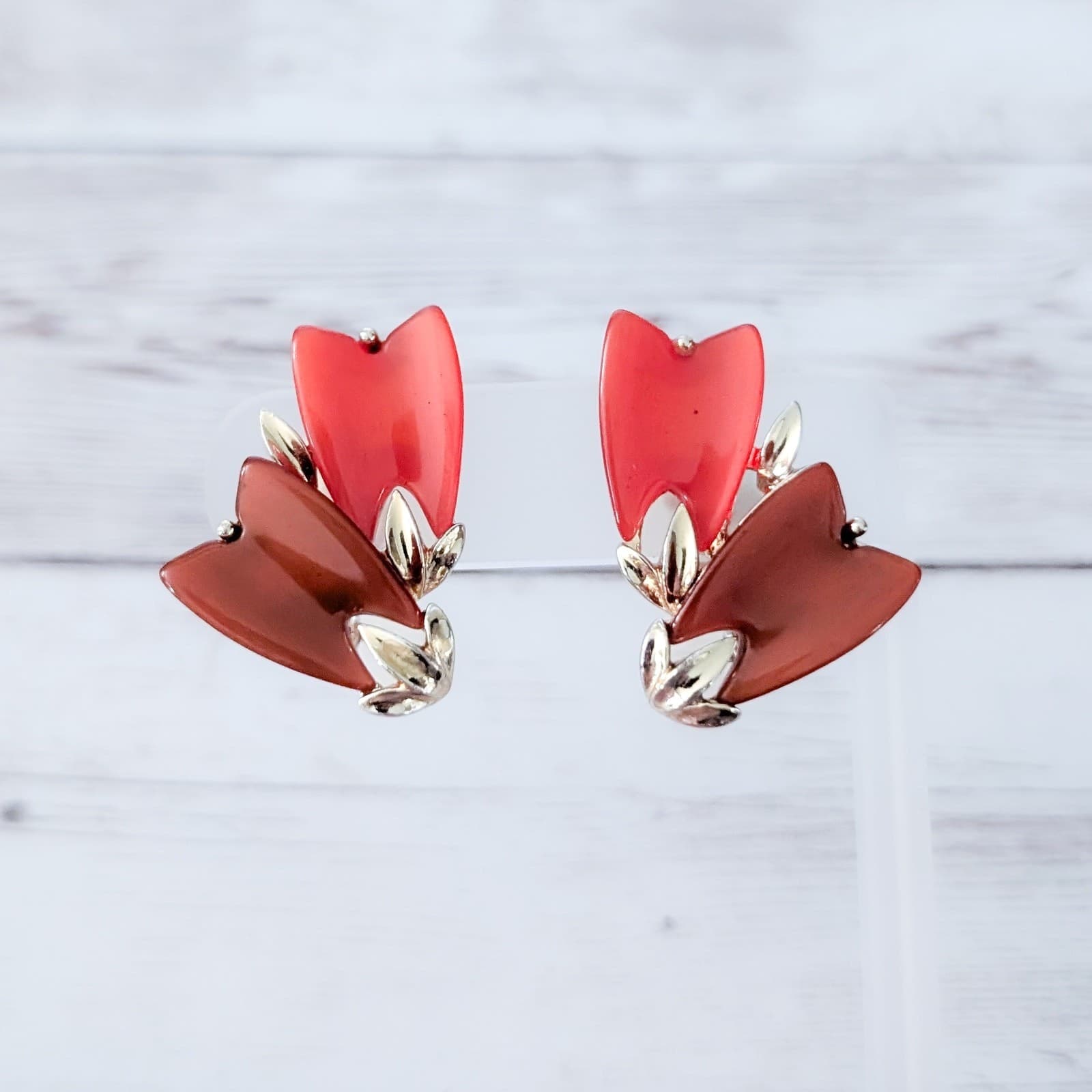Vintage Lisner Clip On Earrings Stylish Large Orange & Gold Tone Statement