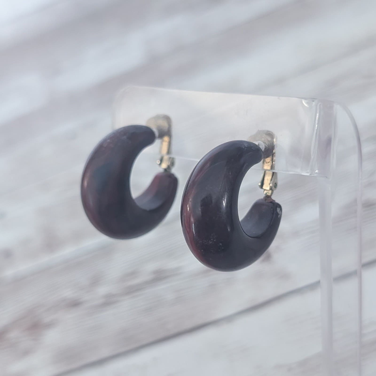 Vintage Clip On Earrings Large Chunky Retro Brown Hoops - Condition Issues