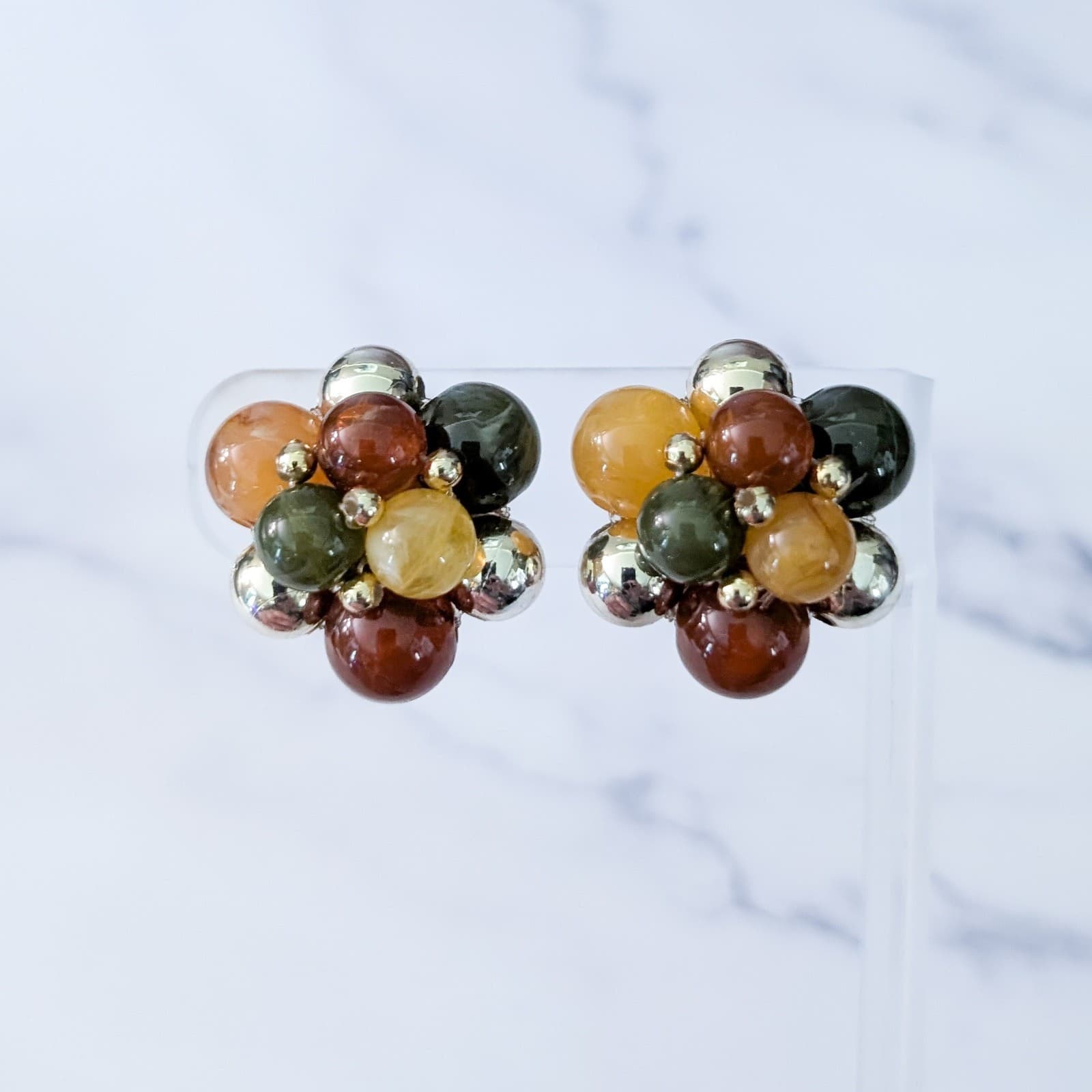 Vintage Clip On Earrings Large Fall Tones Cluster 1" Statement