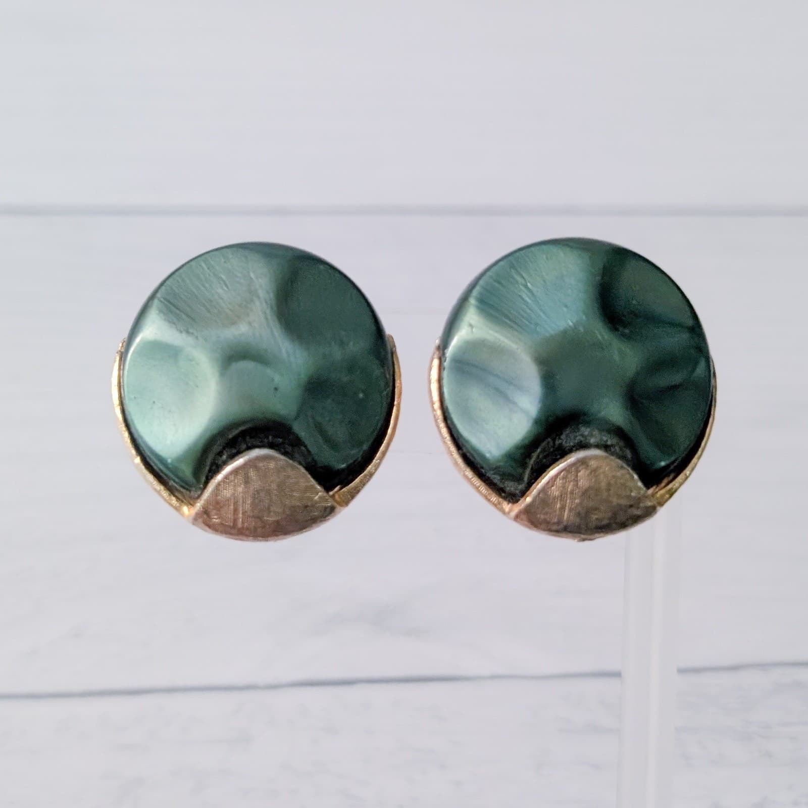 Vintage Clip On Earrings Large Statement Dark Green & Gold Tone Retro
