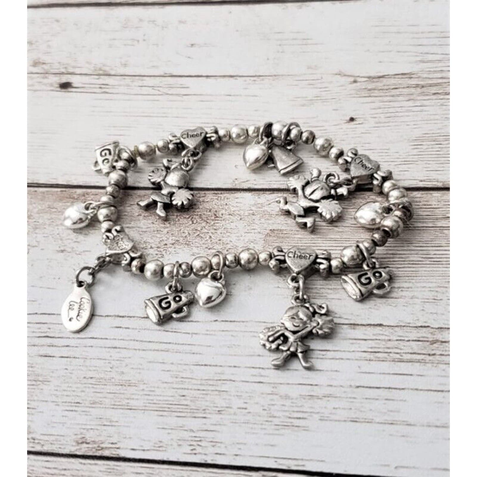 Vintage Cookie Lee Stretch Bracelet Silver Tone Cheer / Cheerleader Theme