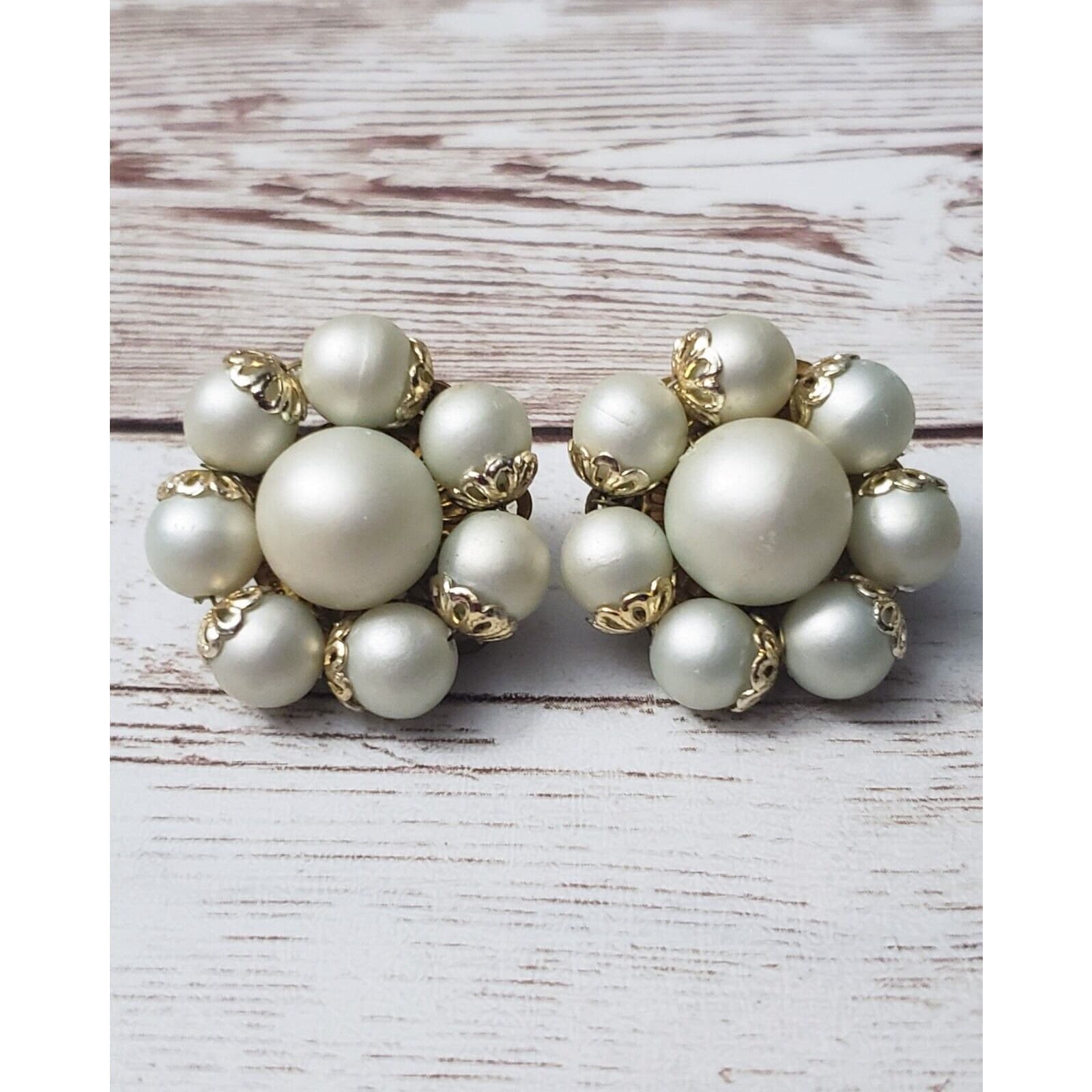 Vintage Clip On Earrings - Pretty Faux Pearl Cluster with Gold Tone Detail 1"