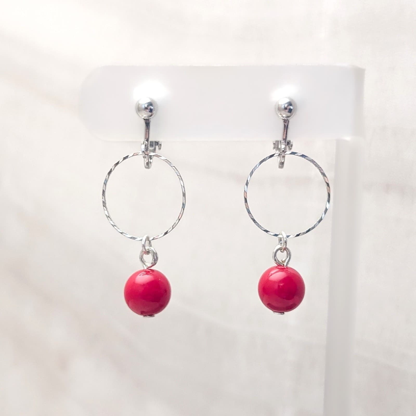 Vintage Clip On Earrings Long Red & Silver Tone Stylish Dangle Drop Statement