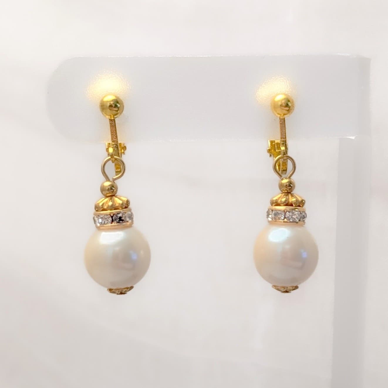 Vintage Clip On Earrings Rich Gold Tone Clear Gems, Faux Pearl Dangle Drop