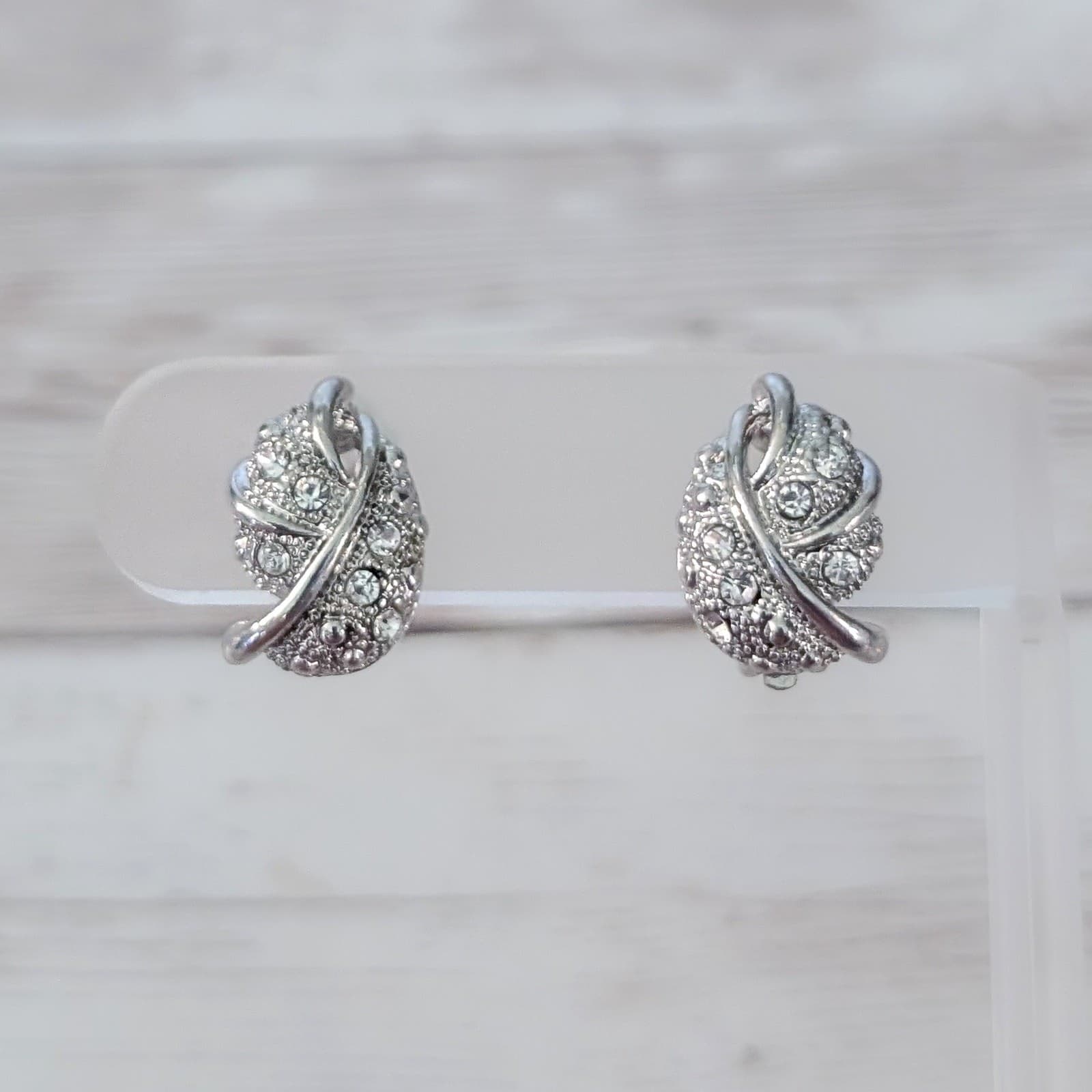 Vintage Clip On Earrings Stunning Regal Statement Silver Tone & Clear Gem