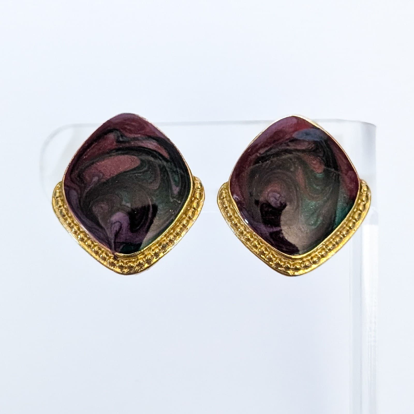 Vintage Clip On Earrings Statement Red/Green/Purple Enamel & Gold Tone