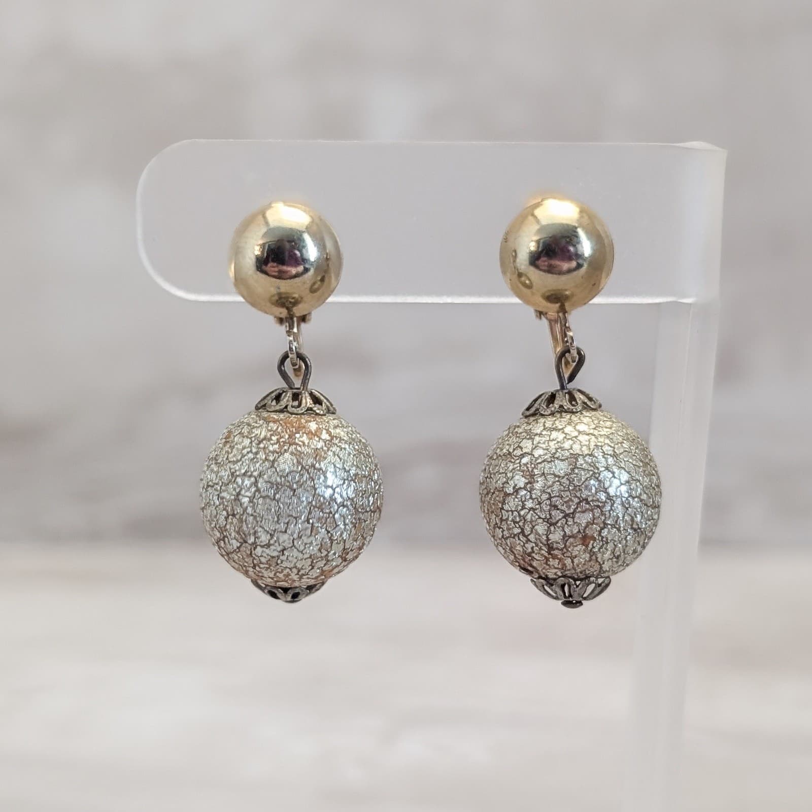 Vintage Clip On Earrings Large Dangle Drop Crackled Effect Ball Gold Tone