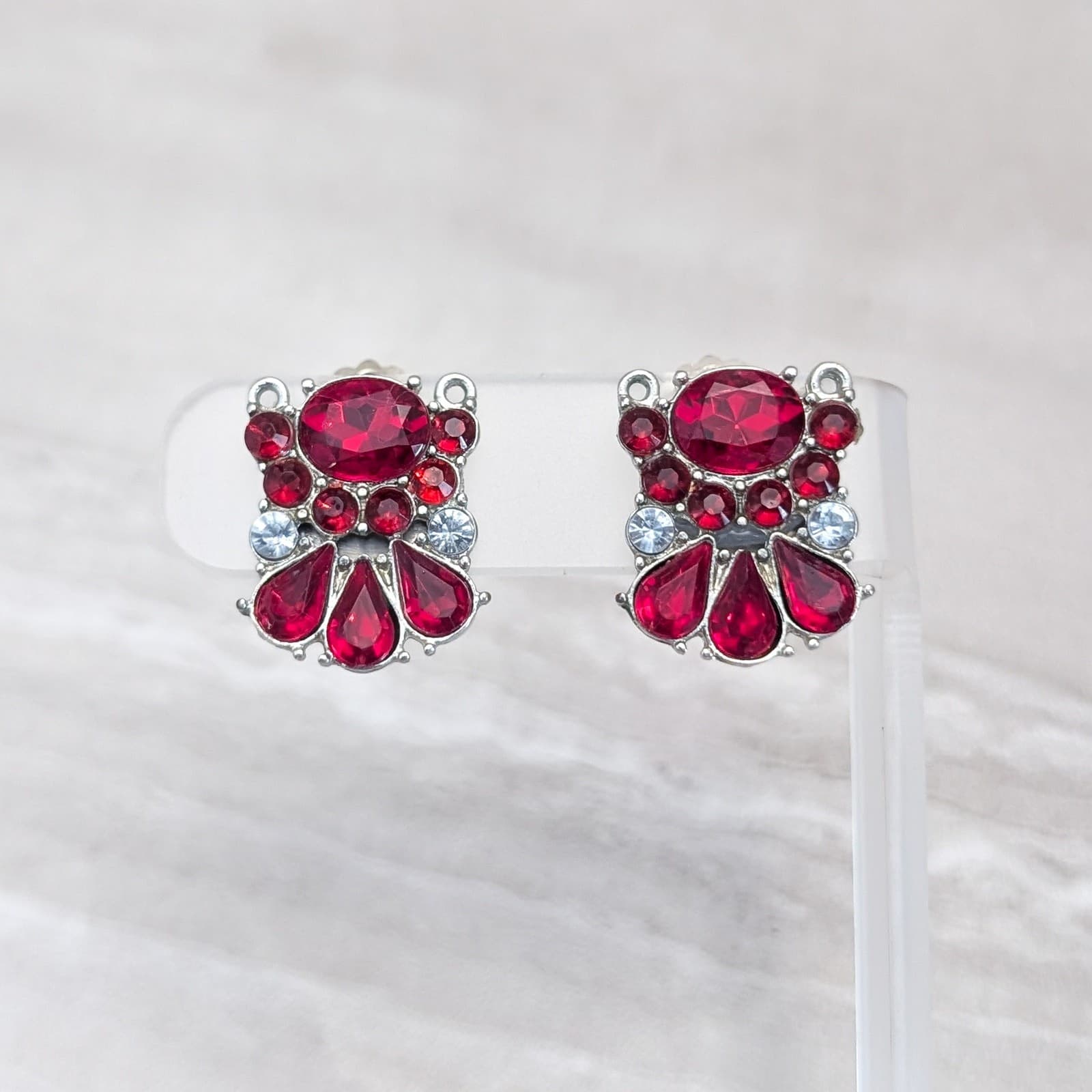 Vintage Clip On Earrings Red & Clear Gems Large Chunky 7/8"