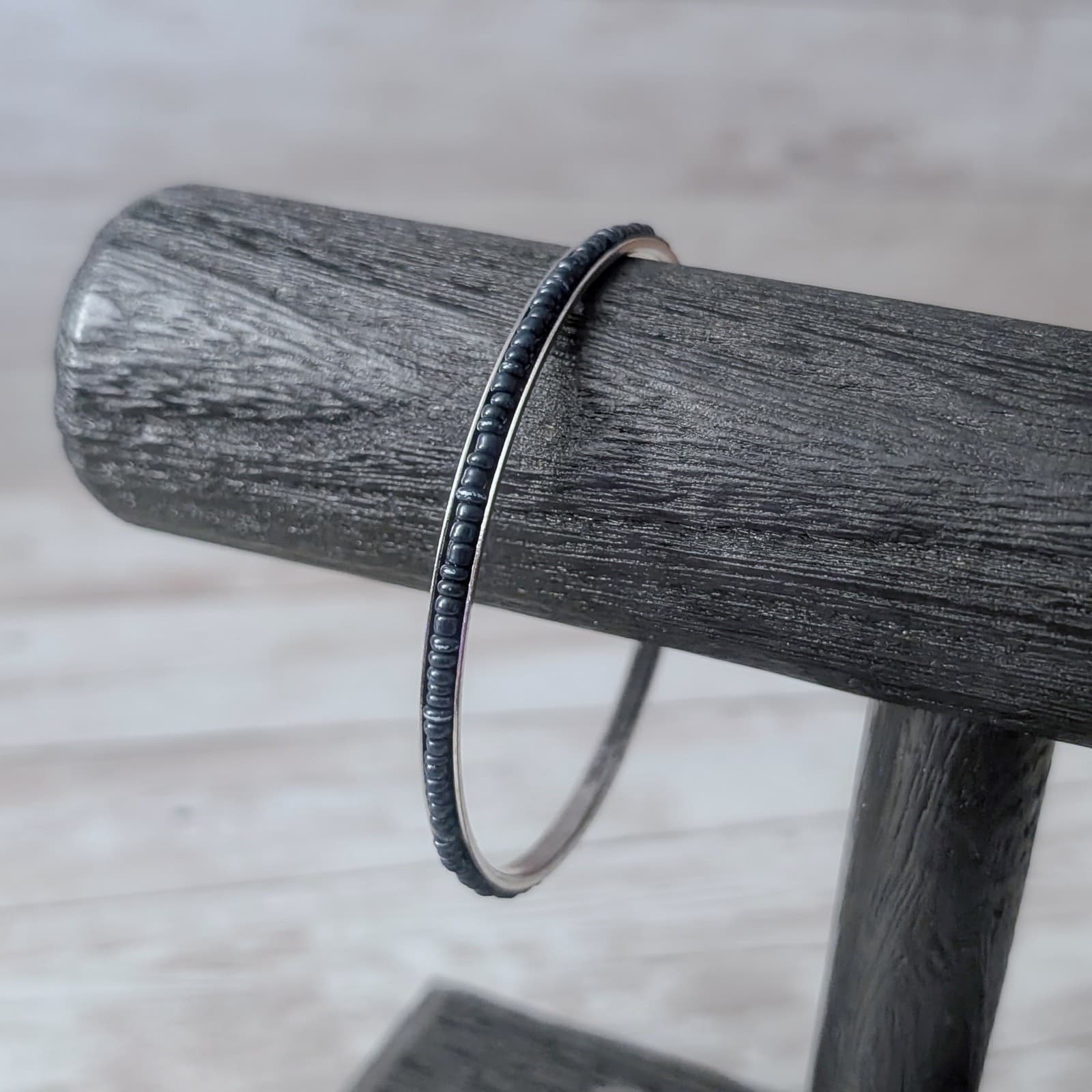Vintage Bracelet Bangle - Dark Seed Beads on Metal 8.5"