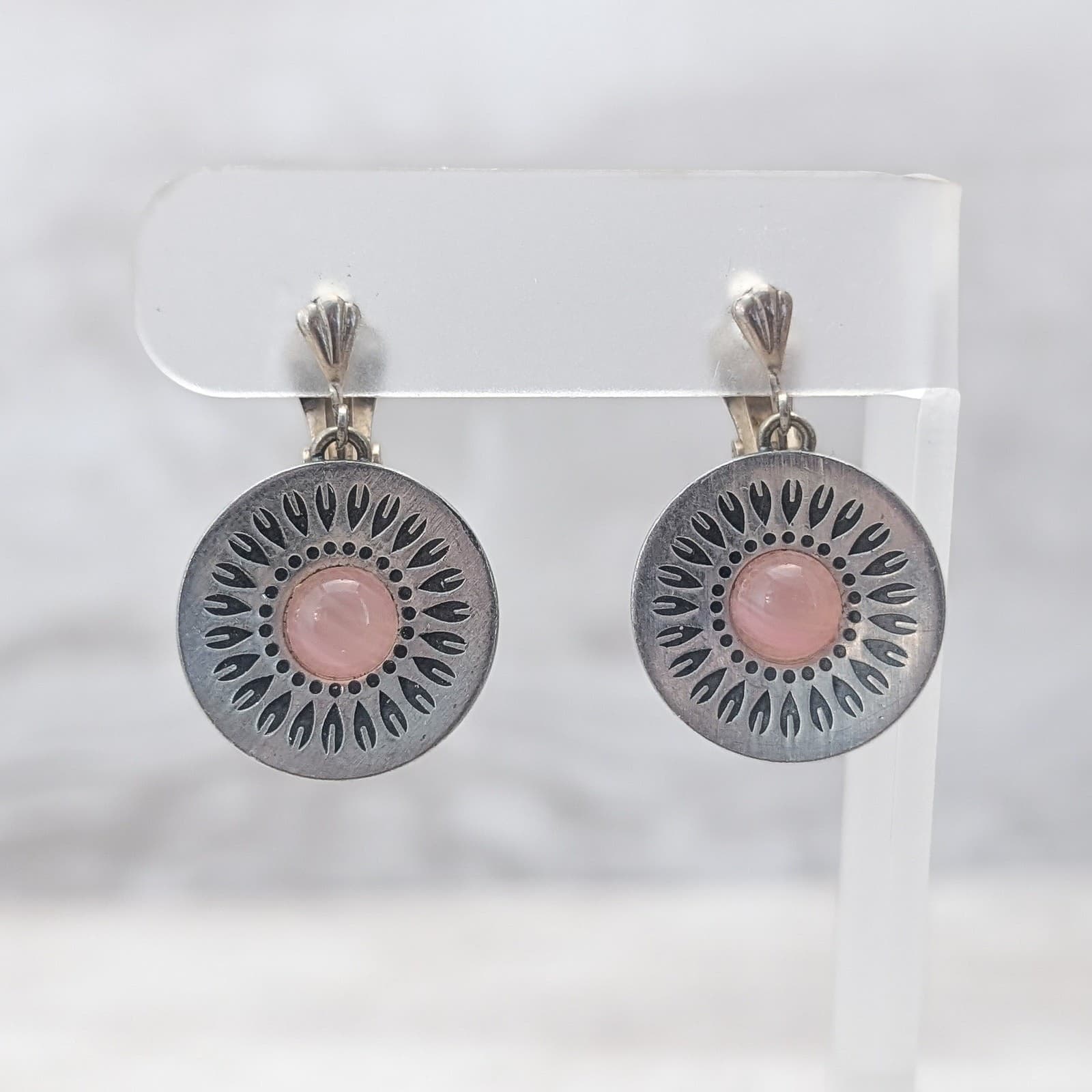 Vintage Jergen Jensen Clip On Earrings Pewter Denmark 252 Pink Cabochon