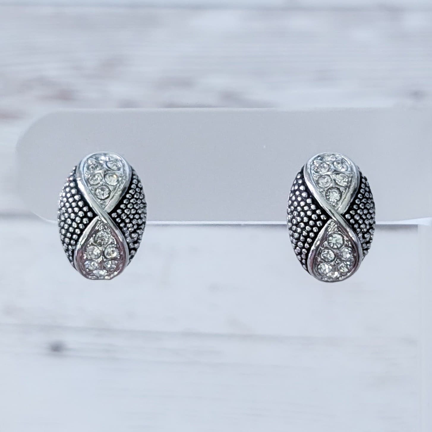 Vintage Clip On Earrings Elegant & Stylish Silver Tone & Clear Gems