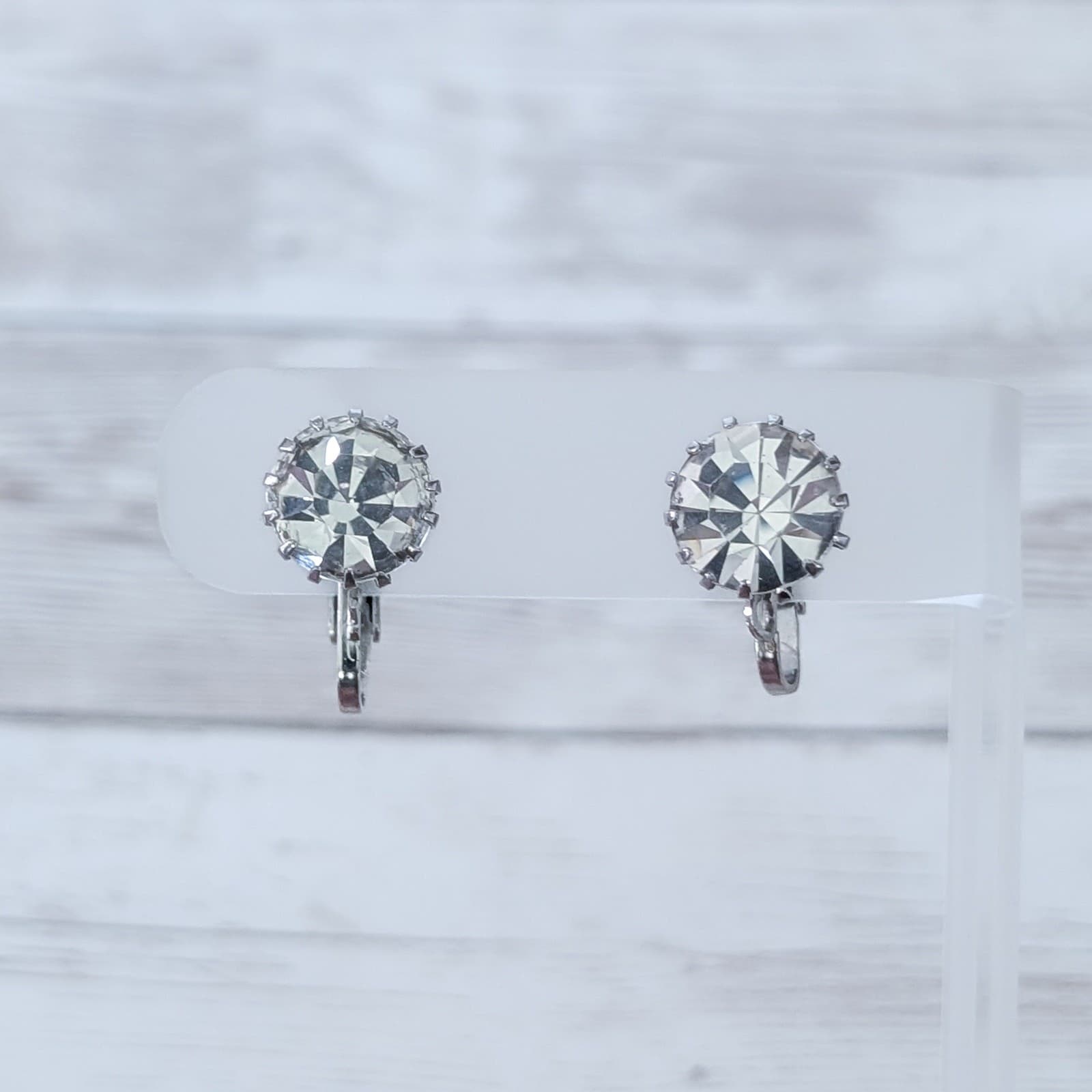 Vintage Clip On Earrings Just Under 1/2" Clear Gem Stylish Regal