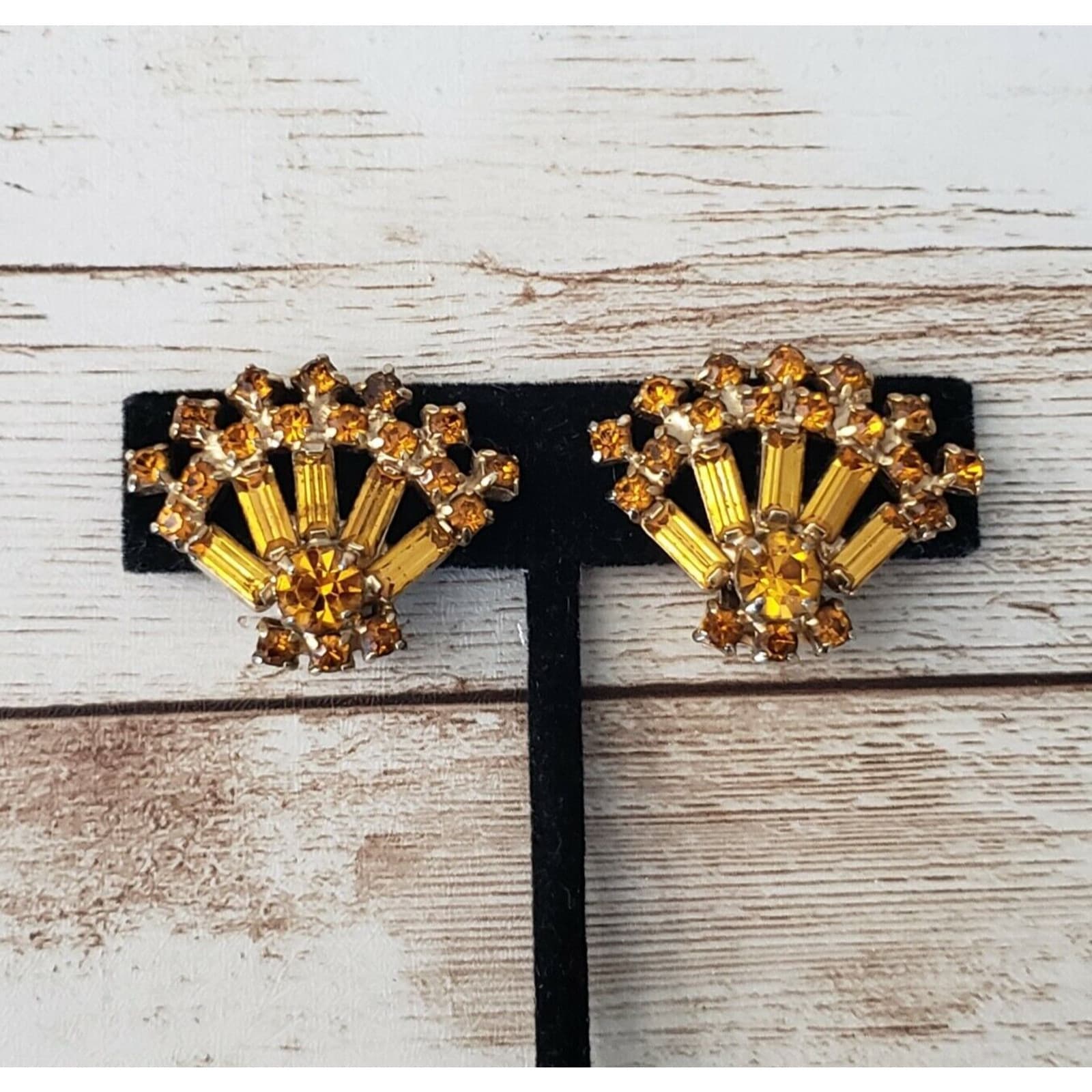Vintage Clip On Earrings Orange & Amber Tone Gems Fan Shape Statement Earrings