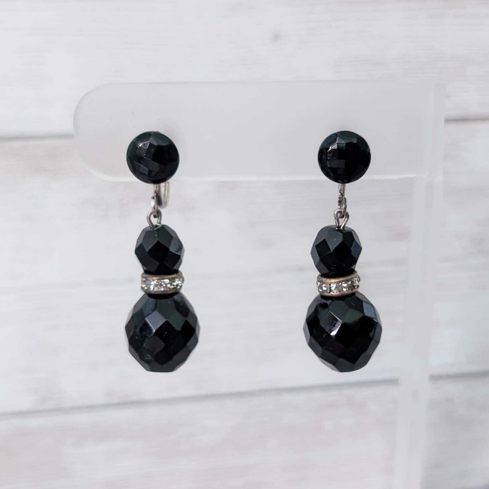 Vintage Screw Back Earrings Black Faceted Dangle