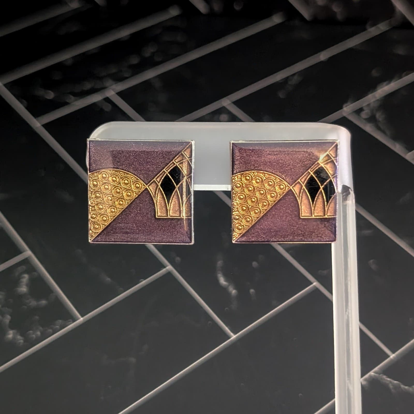 Vintage Stud Earrings Stunning Brown & Brass Tone Square Art Deco Style