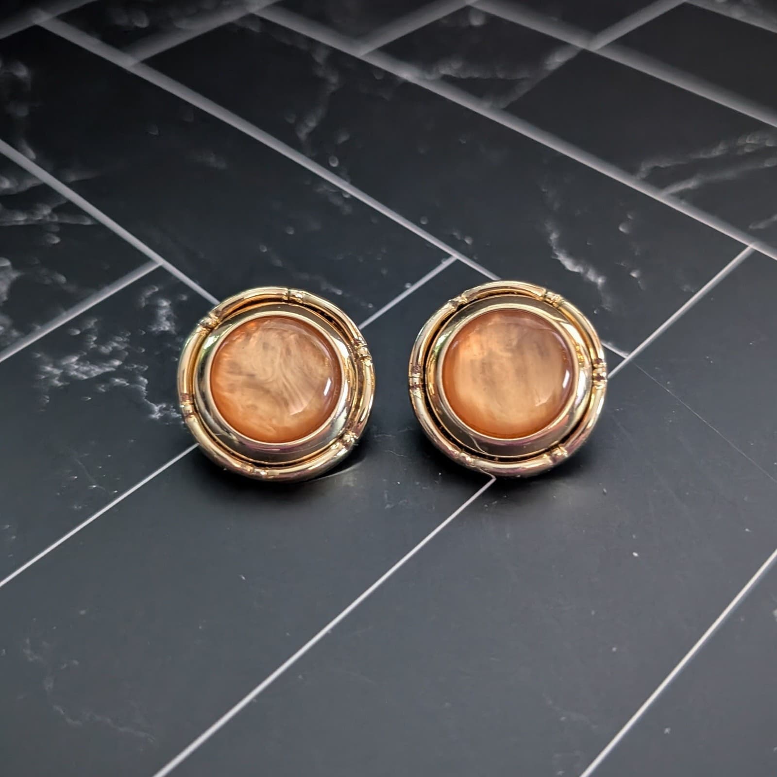 Vintage Clip On Earrings Orange & Gold Tone Stylish & Elegant 1"