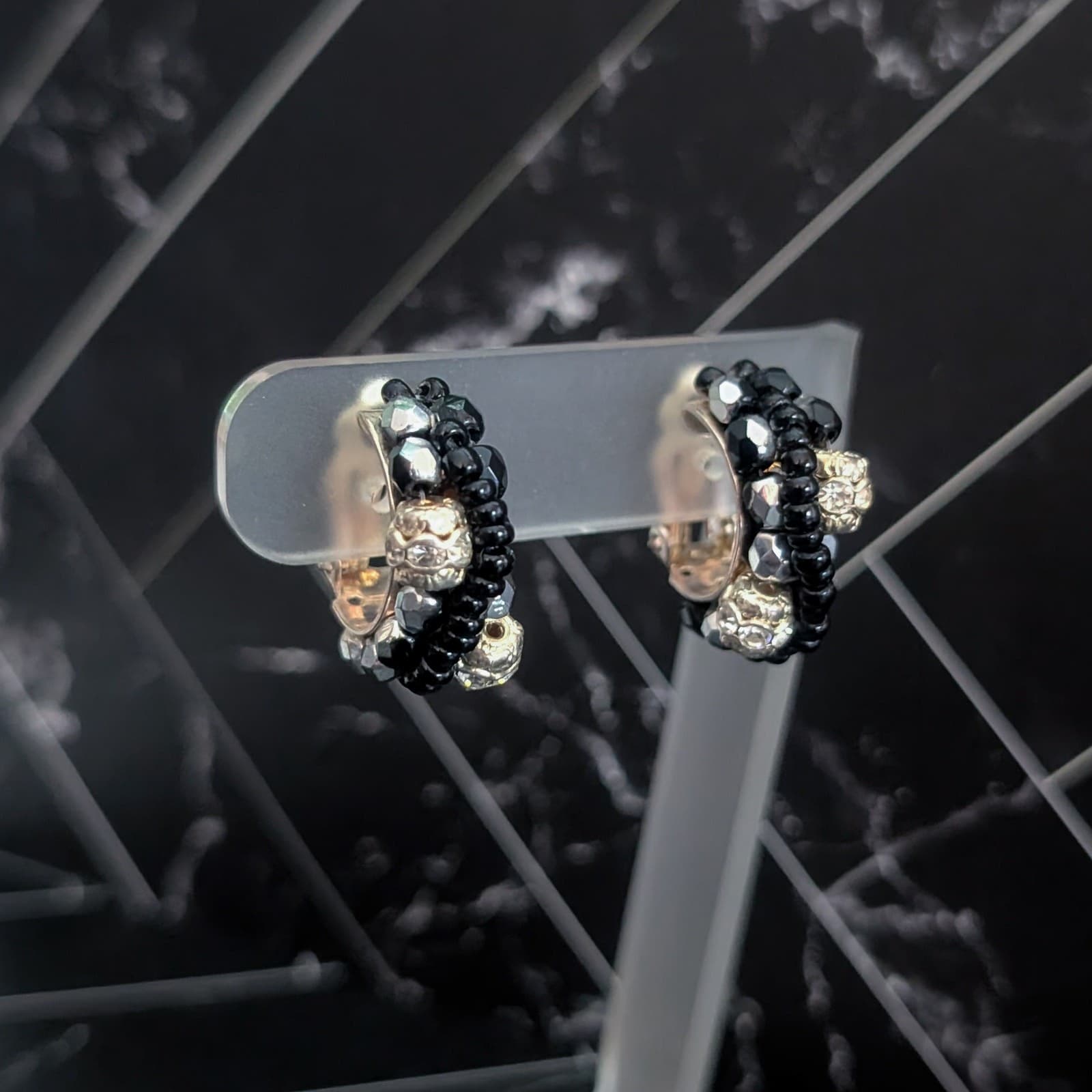 Vintage Clip On Earrings Beaded Hoops Black, Metallic, Gold Tone