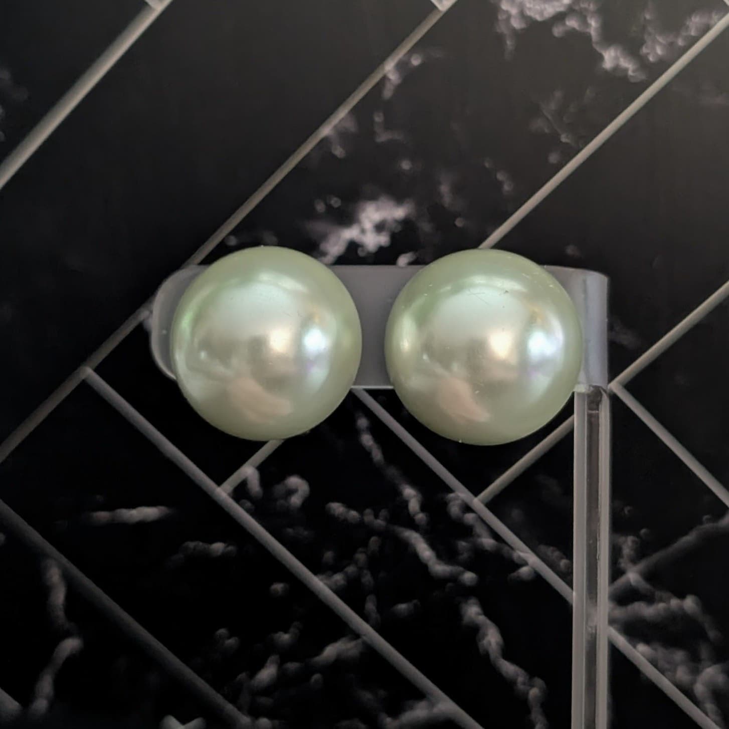 Vintage Clip On Earrings Large Domed Pearlescent Light Green Retro Statement