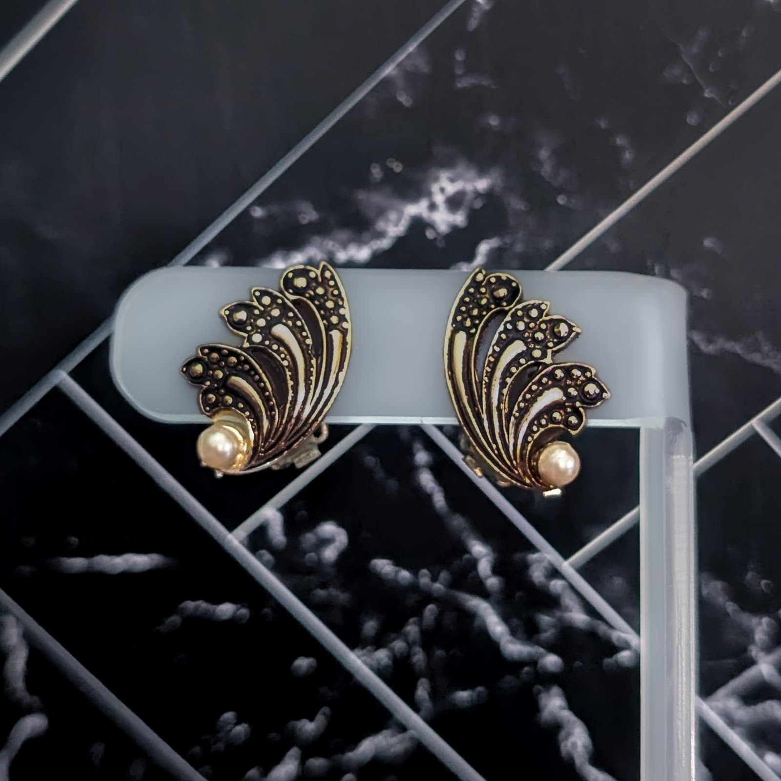 Vintage Clip On Earrings Ornate Gold Tone with Black Detail & Faux Pearl