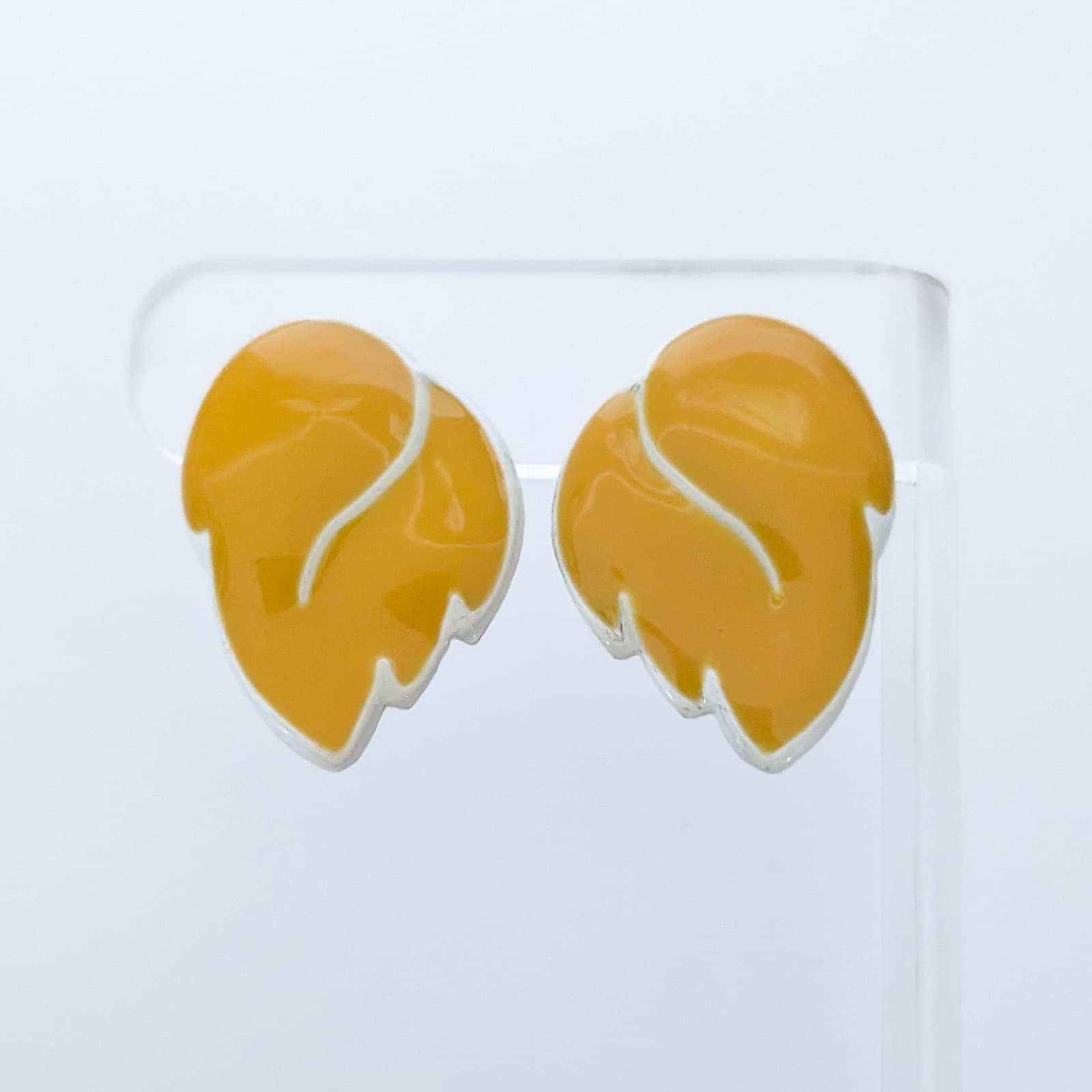 Vintage Clip On Earrings Mustard Yellow and White Leaf Like Statement