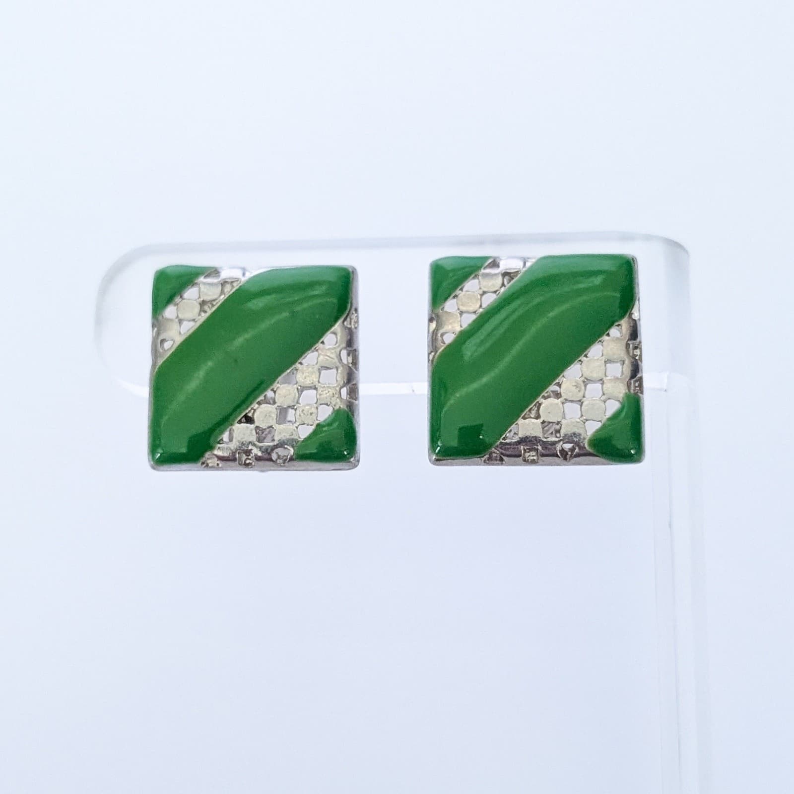 Vintage Clip On Earrings Silver Tone & Green Square